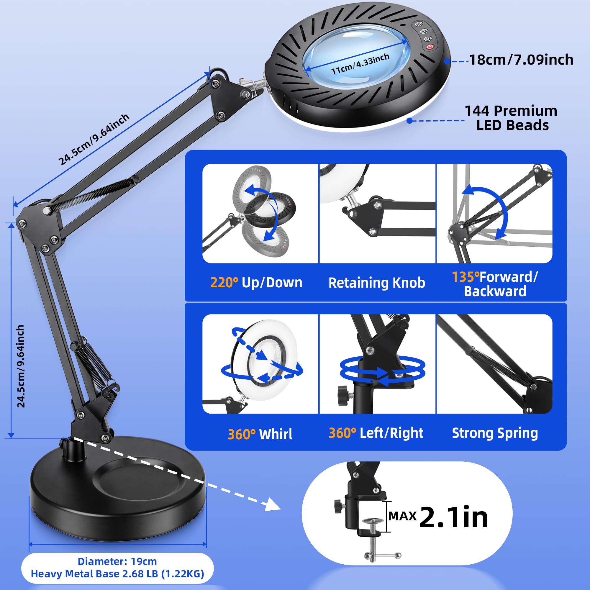 12X Lupa con Luz y Soporte & Brazos Articulados, Adaptador 2A incluido, 5 Modos de Color 9 Brillo, Lupa de Trabajo Luz LED para Trabajos de Precision Modelismo Pintura de Miniaturas Lectura, Negro