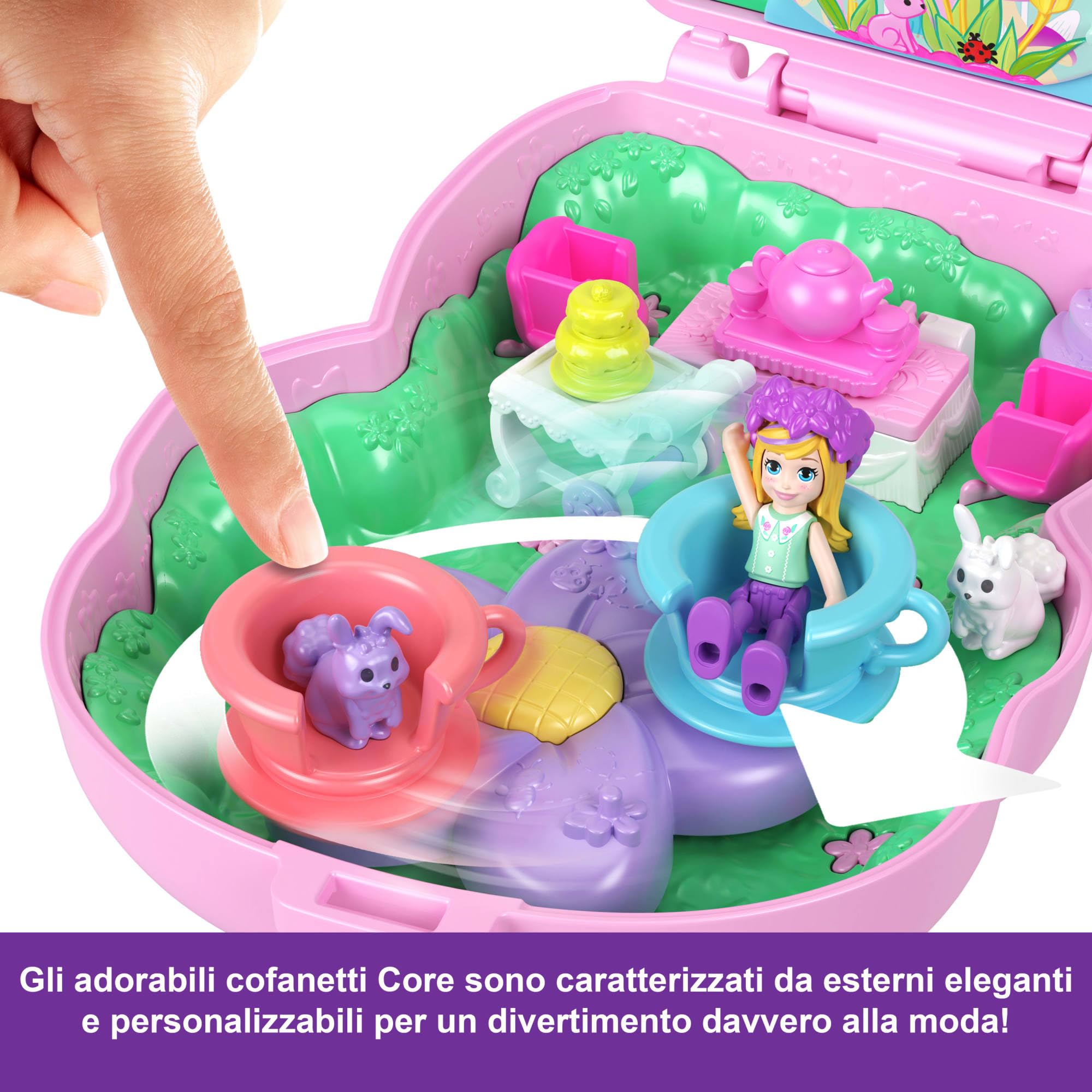 Polly Pocket - Coniglietto Ora del Tè, playset cofanetto portatile con 1 mini bambola e 10 accessori inclusi tra cui 2 coniglietti, giocattolo per bambini, 4+ anni, JCR40