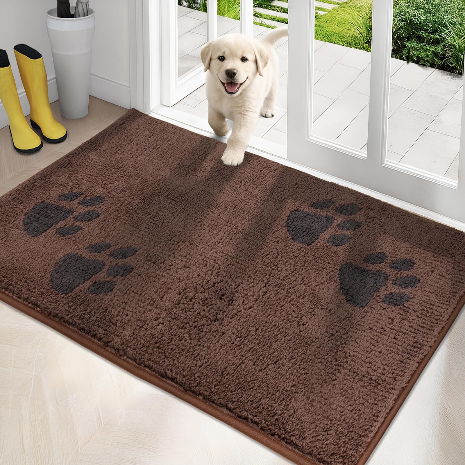 PURRUGS Dirt Trapper Doormat, 34" x 59", Brown, Non-Skid/Slip, Machine Washable, Super Absorbent, Muddy Wet Shoes and Paws, Dog Door Mat, Indoor/Outdoor Use