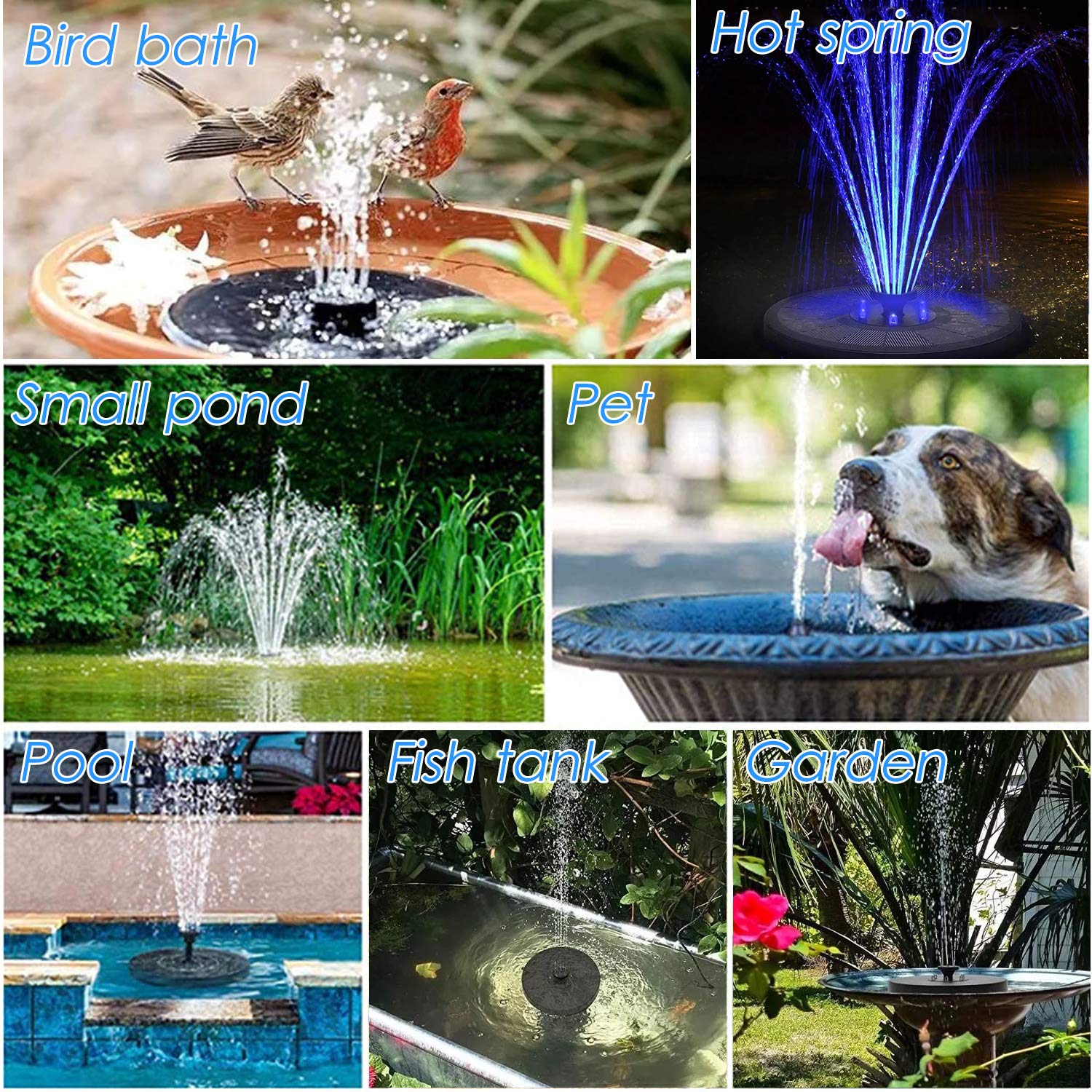 Pompa Solare per Acqua con Pannello Solare da 3 W e Batteria di Backup da 1600 mAh - Fontana Galleggiante con 7 Motivi di Spruzzo e Illuminazione a LED - Pompa Esterna Automatica