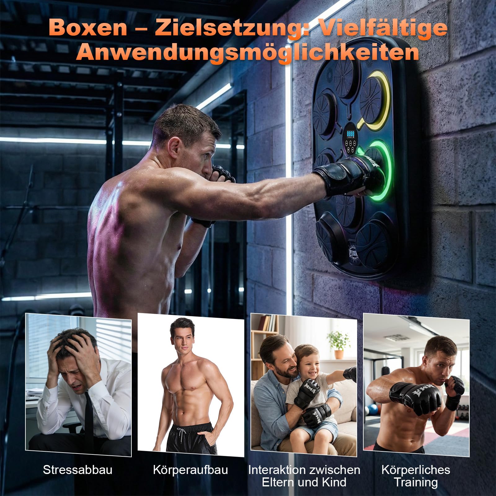 Musikboxmaschine mit Handschuhen, Wandmontage Smart Punching Target mit Bluetooth, 9 Musik-/Lichtmodi, Kalorienzähler, hochschlagfester PU-Schaum für Heim-Fitnesstraining