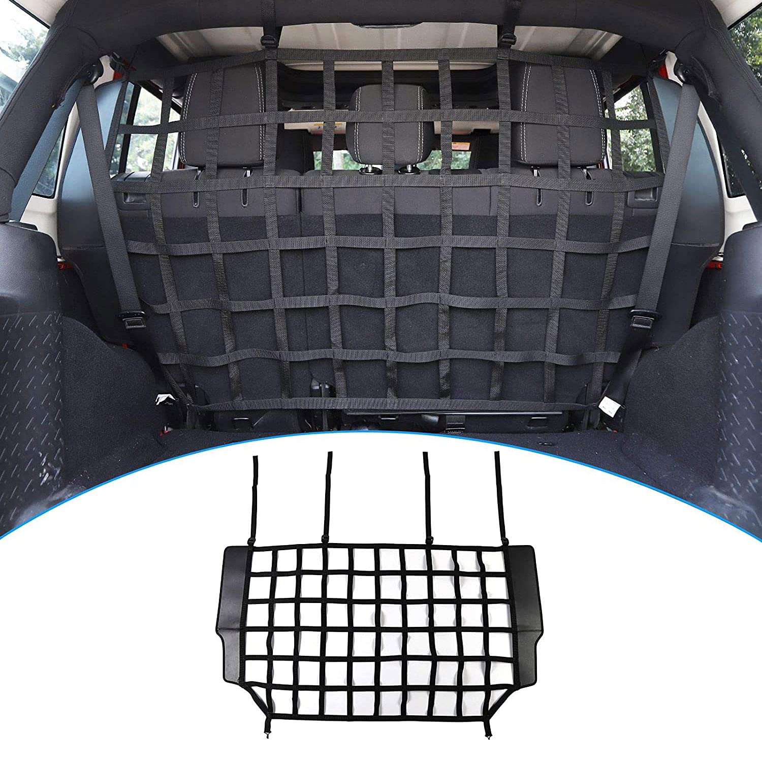 Kofferraum-Lager-Lager-Isolations-Frachtnetz, Mesh-Hunde-Barriere-Trennnetz, geeignet für Jeep Wrangler JKU und JLU 4 Türen 2007-2021, Schwarz, Polypropylen (PP), Kunststoffhaken