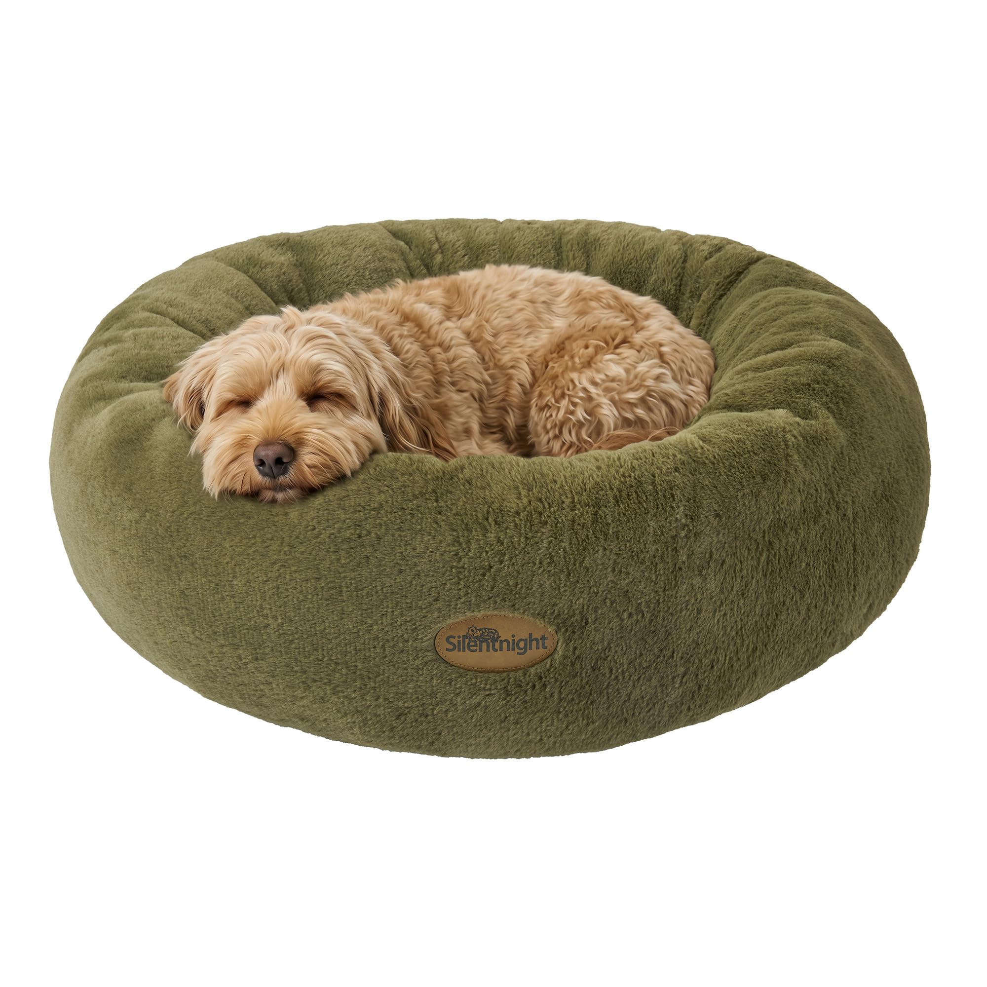 Silentnight Luxury Calming Donut Pet Bed - Faux Fur Comfort Reduce Anxiety - Nest Calm Design - Cushioned Sides for Head Support - Dog Cat Sleep Bed - Machine Washable & Non-Slip Base - Green, Small