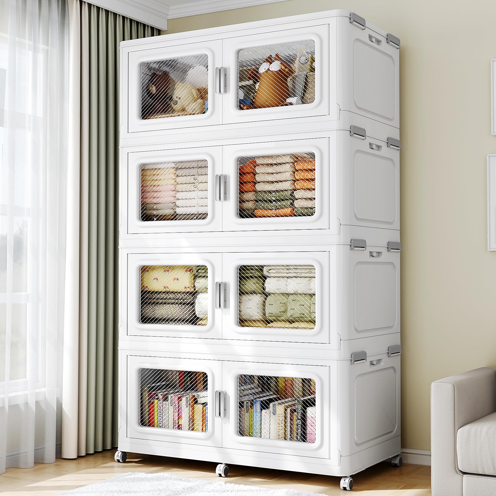 BROVIEW 220Gal Extra Large Storage Bins with Lid, 880Qt Plastic Stackable Storage Bins with Wheels, Collapsible Closet Organizer and Storage Drawers, Storage Cabinets for Home, Office, 4 Pack, White