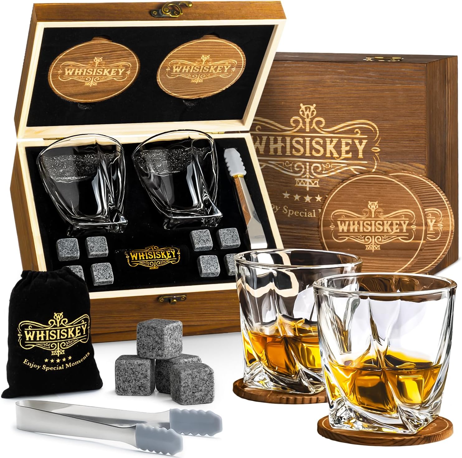 Whisky Glasses Set - Whiskey Gift Set Glass - Whisky Glasses - Gifts for Men - Men's Gifts - Birthday Gift Man - Gift Box, 2 Rum Glasses x 310 ml, 8 Whiskey Stones