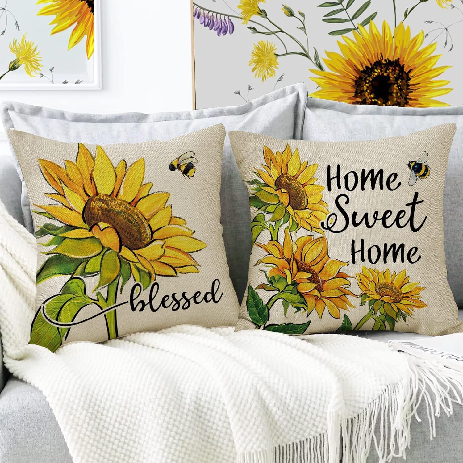 BAOKU Cushion Covers 45x45 cm Pillow Covers Spring Decorative Home Decor for Bed Couch Sofa Bedroom Office Pack of 4 sunflower yellow bee Pattern Linen Pillowcase - Image 3