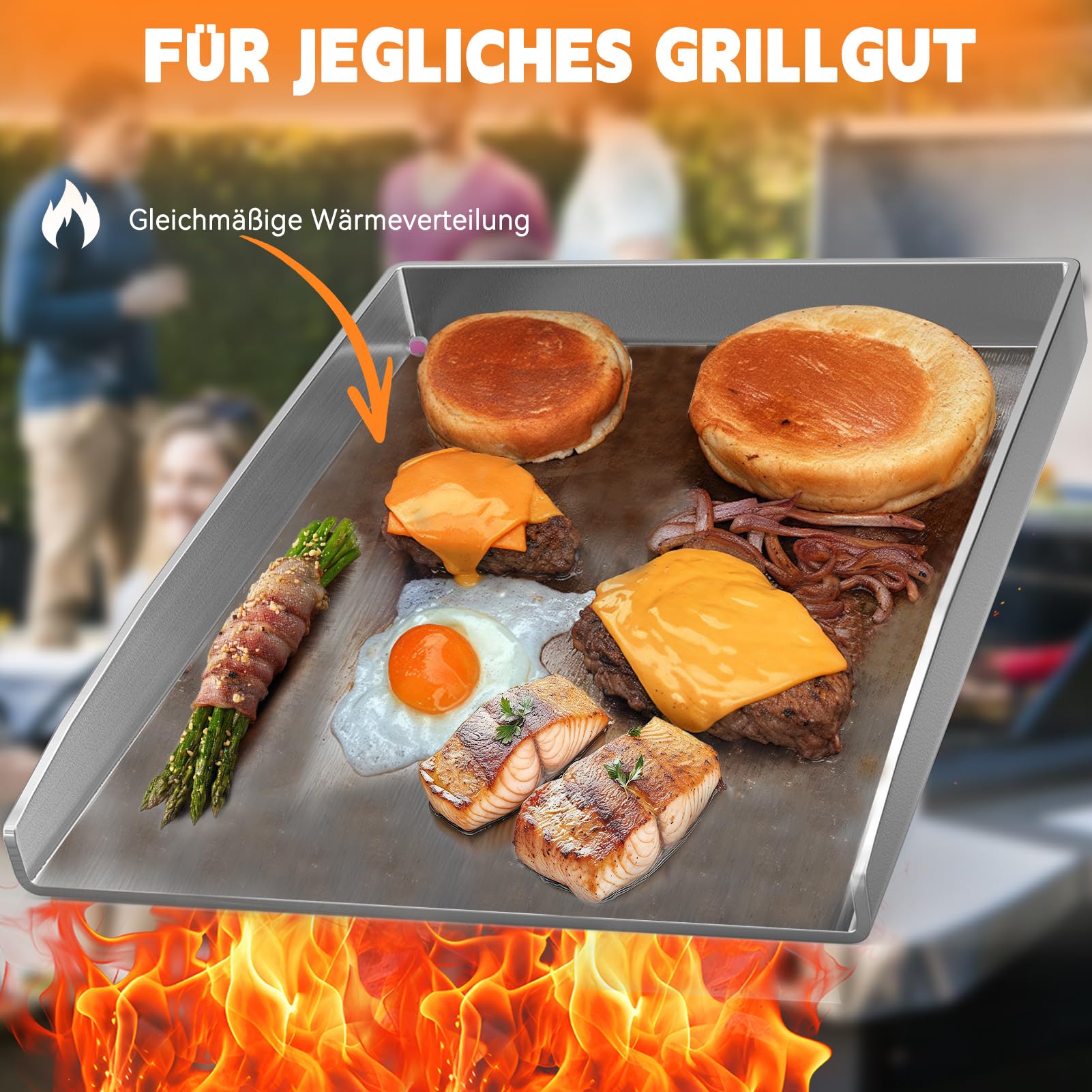 Universelle Edelstahl Plancha Grillplatte 40.5×31CM mit 5MM verdickt | mit Fettablauf, Spülmaschinenfest inkl. für BBQ Gasgrill & Kohlegrill Geeignet