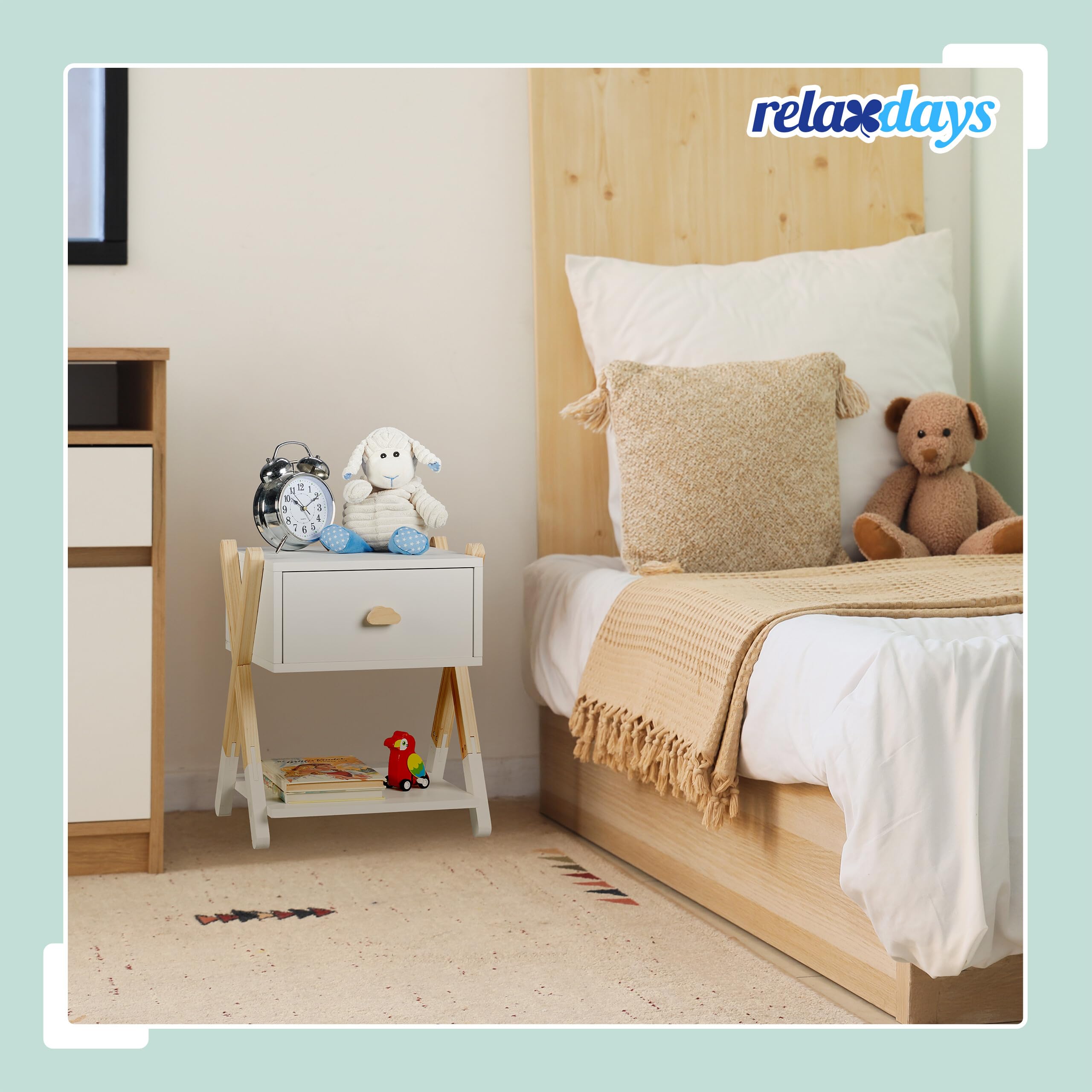 Relaxdays Nachttisch Kinder, Schublade, HBT 42x34x32 cm, Kinderzimmer, Kinderkommode X-Design, Holz & MDF, weiß/Natur