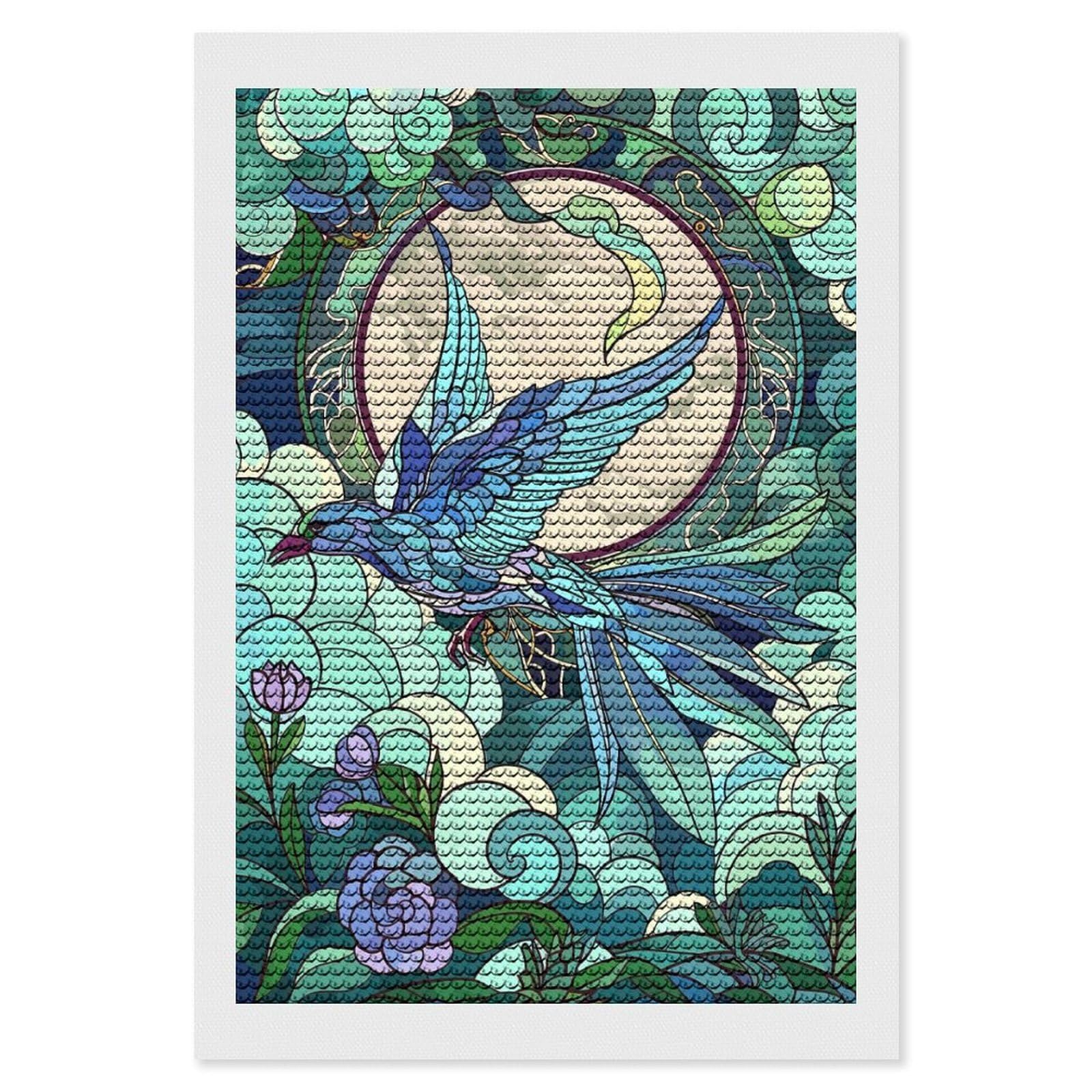 Junmoney Blue Bird Flying in Front of Moon Round Drill Diamond Painting 8"x12", for Adults, Creative Leisure Activity, Office Decor, Holiday Gift Idea