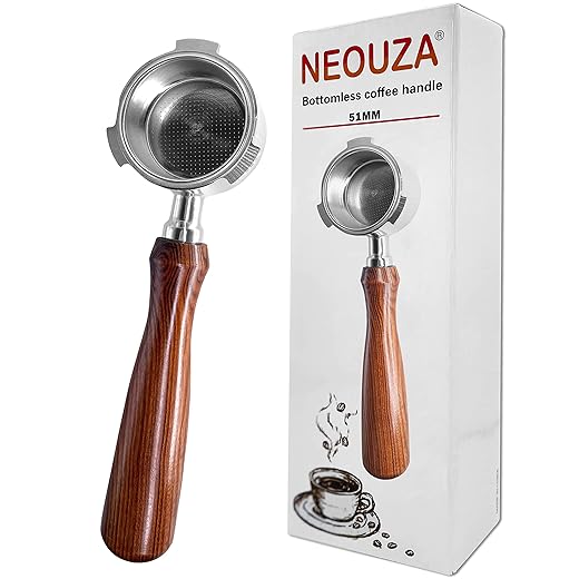 NEOUZA Espresso Portafiltro Senza Fondo 51mm Compatibile con DeLonghi Dedica EC680/EC685/EC785/EC820/EC850/EC860 Smeg Macchina da Caffè, Acciaio Inossidabile, Palissandro Premium
