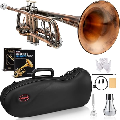 AKLOT Vintage Rose Bb Trumpet: Phosphor Bronze Bell, Smooth Monel Valves, Double Tuning Slide Braces, Standard Trumpet with Premium Leather Case, Lesson Book, Trumpet Mute, Cleaning Kit (SNR-PriTB)