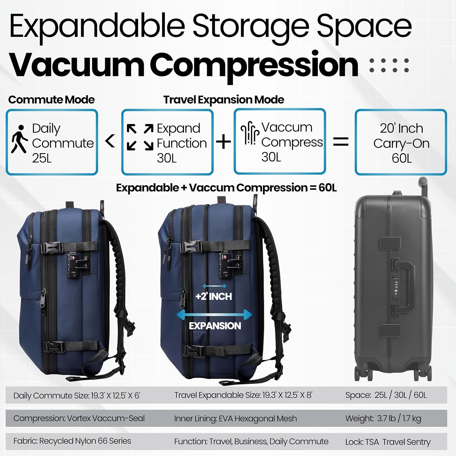 BlackVoyage Vortex Vacuum Seal Travel Backpack 60L Exapandable Air Compression System Water Resistant TSA Lock Carry-On Suitcase Luggage Blue AERO - No Vacuum Pump - Image 5