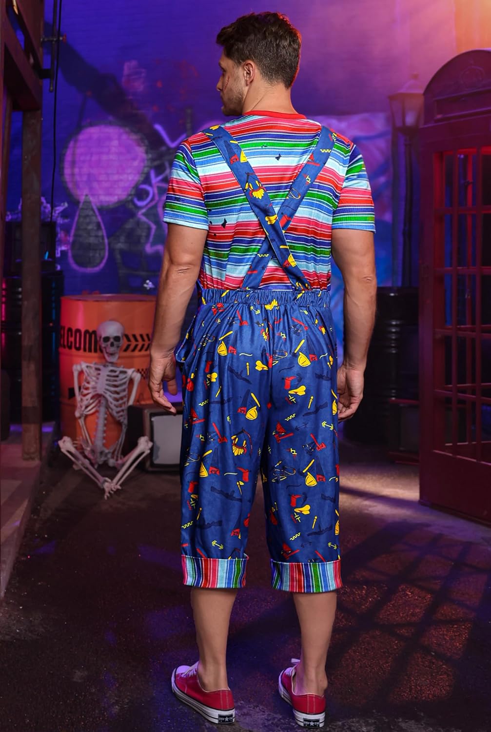 Arvilhill 4 Pcs Men's Killer Doll Costume Halloween Shirt Overalls Outfit with Prop Knife & Tattoo Stickers (S-3XL)