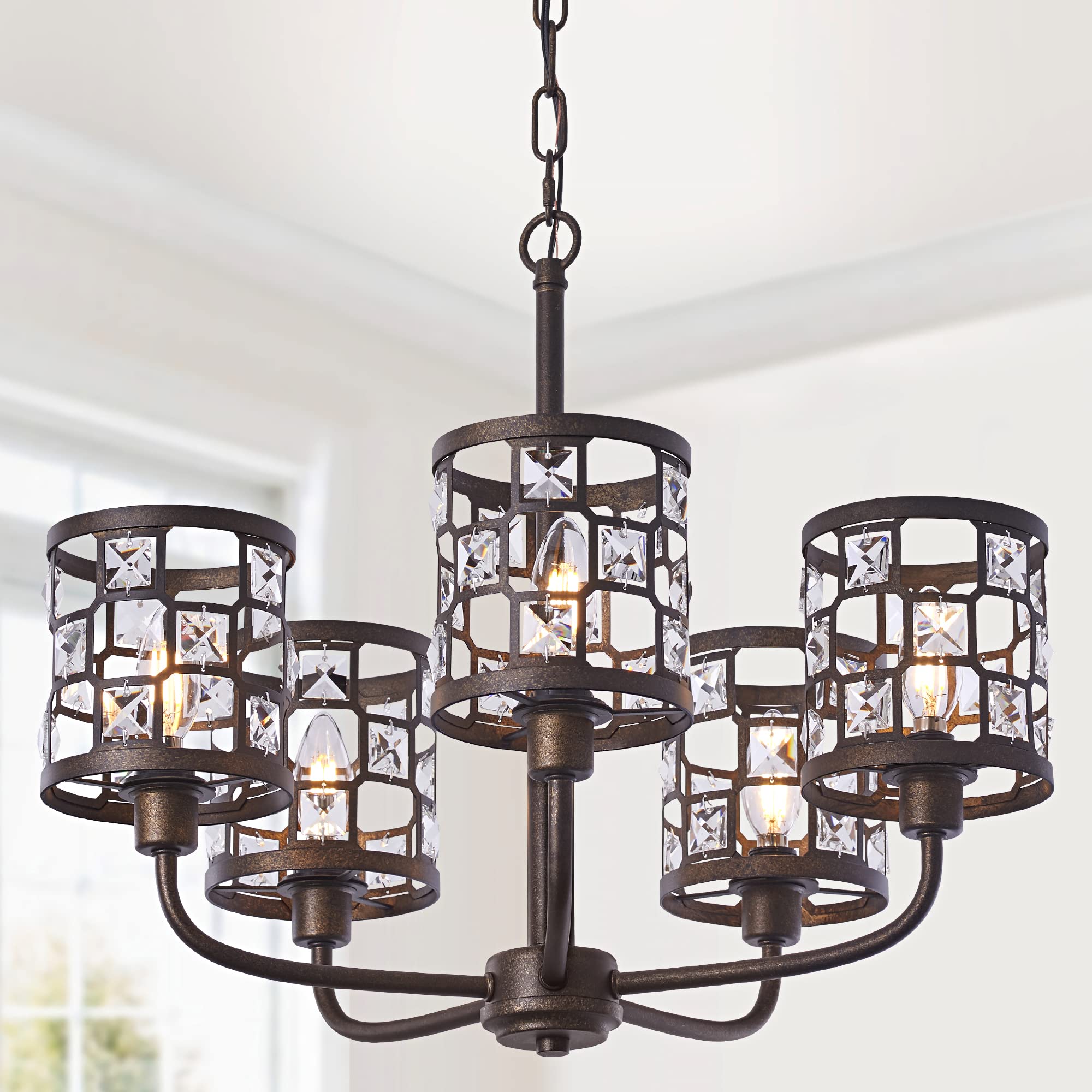 5-Light Farmhouse Chandelier, Industrial Bedroom Pendant Ceiling Light Fixture with Crystal, Height Adjustable, Vintage E12 Hanging Lamp for Dining Room, Oil Rubbed Bronze