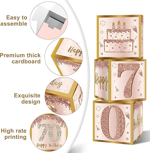 Miniatura 3 de Guiruiy 3 cajas de decoración de cumpleaños número 70 para mujer, cajas de globos de cumpleaños de 70 años rosa dorado rosa para suministros de