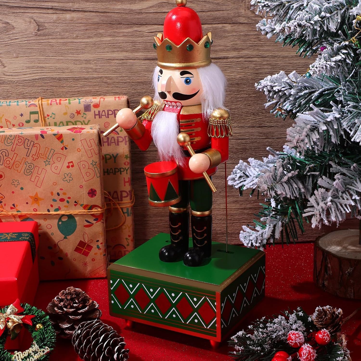 Ciieeo 32cm Red Wooden Nutcracker Music Box with Drum, Wind-up Christmas Nutcracker Decoration for Table Centerpiece, Festive Holiday Musical Figurine for Home Décor