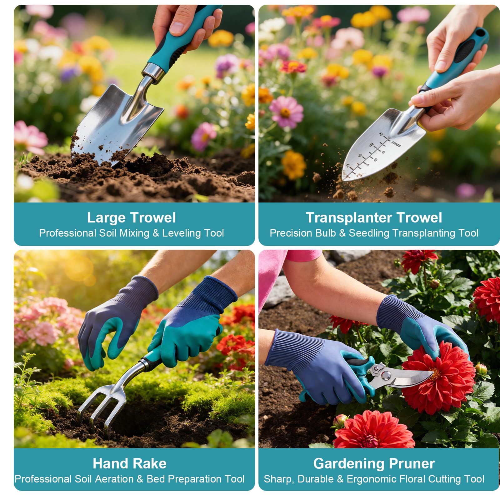 Kit Giardinaggio 7 Pezzi, Attrezzi Giardinaggio in Alluminio con Manico Ergonomico Antiscivolo, Antiruggine e Borsa, Set Giardino Completo per Uomini e Donne