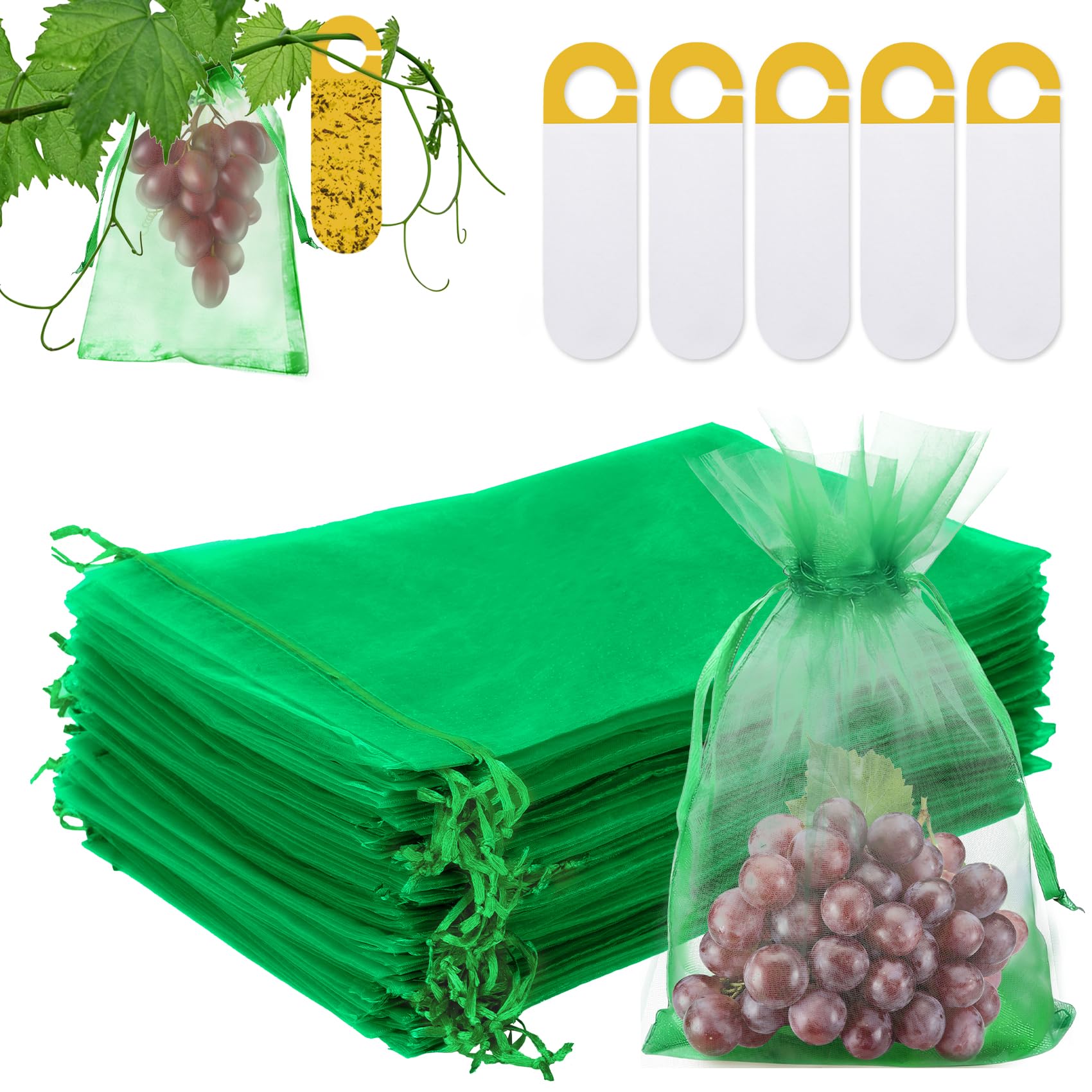 Lot de 60 Sacs Protection Fruits avec Cordon de Serrage, 30x40 cm, Anti-Guêpes Oiseaux Mouches