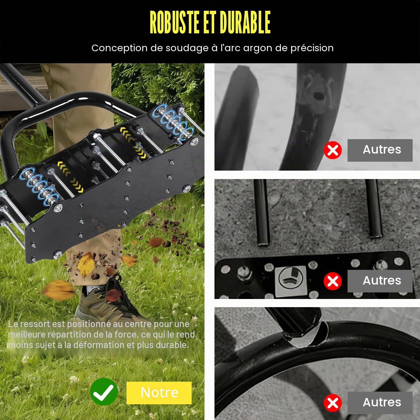 Outil manuel d'aération de gazon, outil d'aération de gazon à 17 pointes assistées par ressort avec nettoyage automatique de la terre et des feuilles, assouplisseur de sol avec gants et pédale