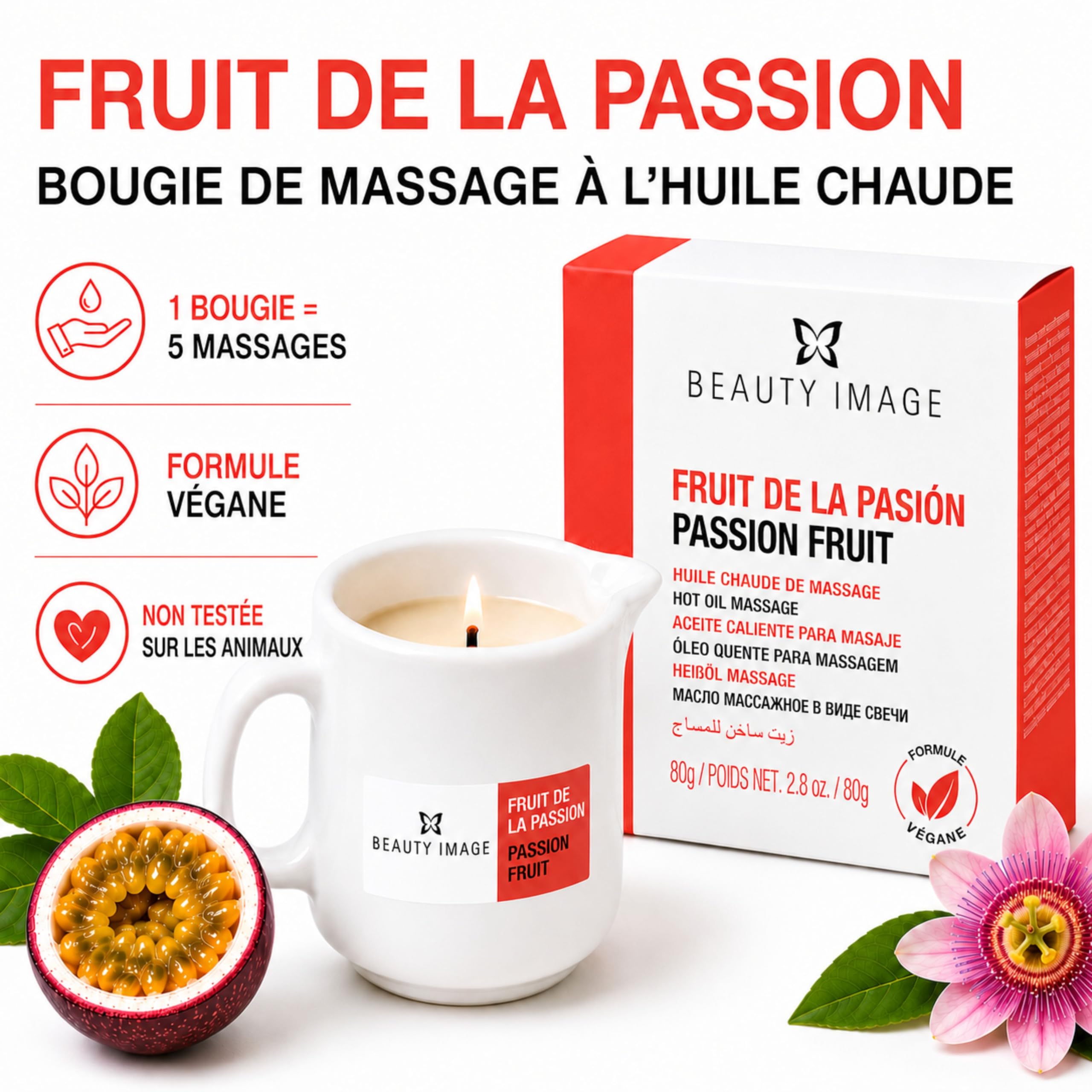 BEAUTY IMAGE Pack de 2 Grandes Bougies de Massage - Parfum Fruit de la Passion [80 gr de 4 à 5 Massages Complets du Corps Chaque Bougie] Huile Chaude pour Massage Professionnel.