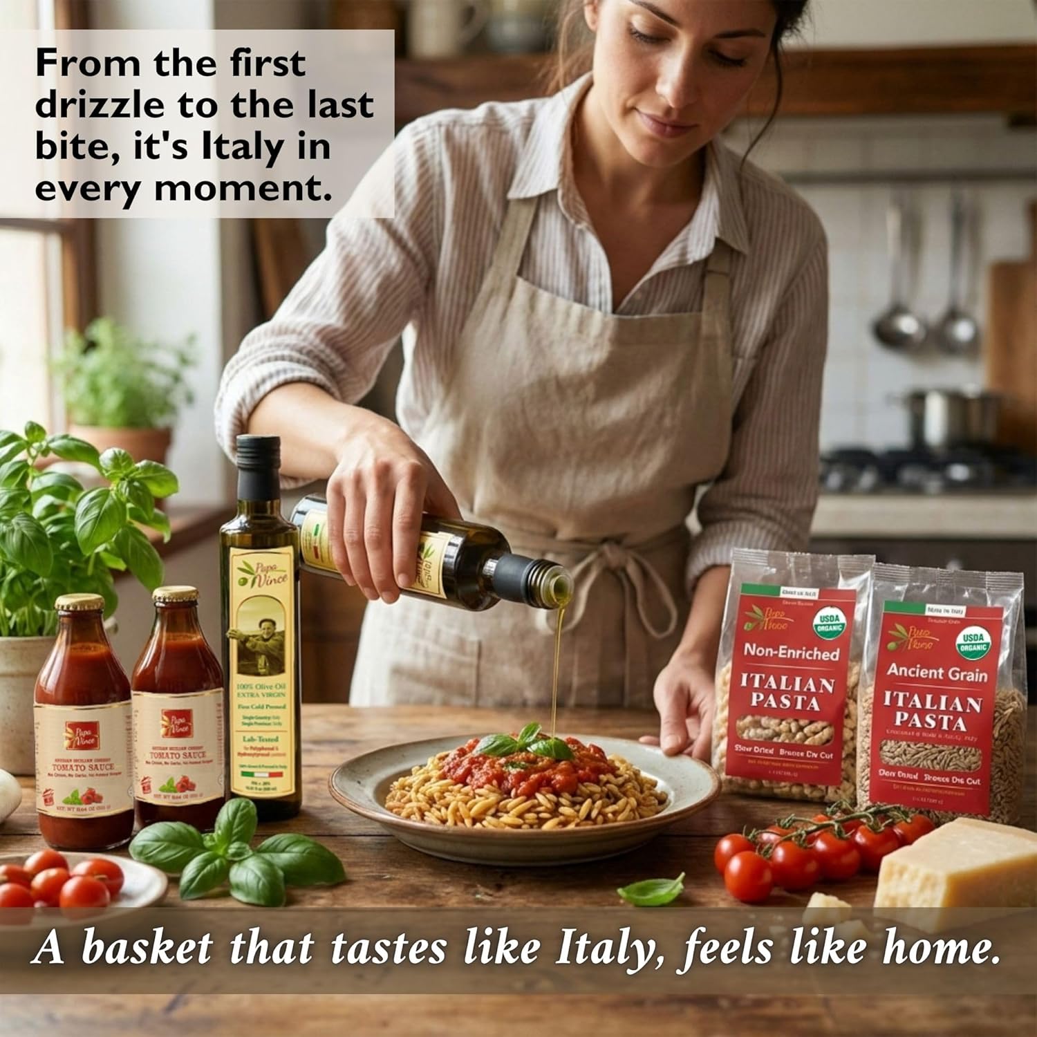 Papa Vince Italian Food Basket - Gourmet Gifts for Adults & Families Made in Italy with Organic Pasta, Sauce & Olive Oil from our family in Sicily