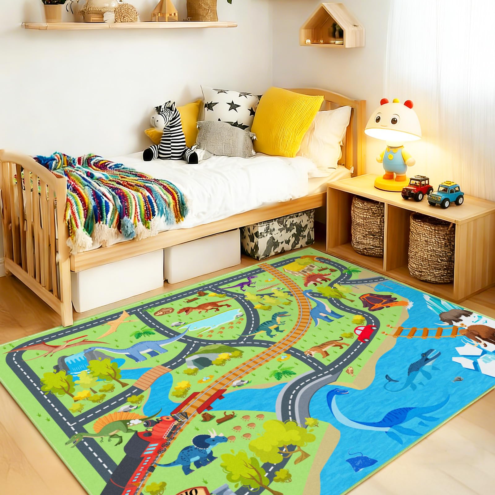 Rezutan Kids Rug Dinosaur Playmat for Floor Non-Slip & Foldable Area Rug for Children Dino Road Mat for Toy Cars Washable Kid Play Mat for Bedroom, Playroom, Nursery, 120x160CM