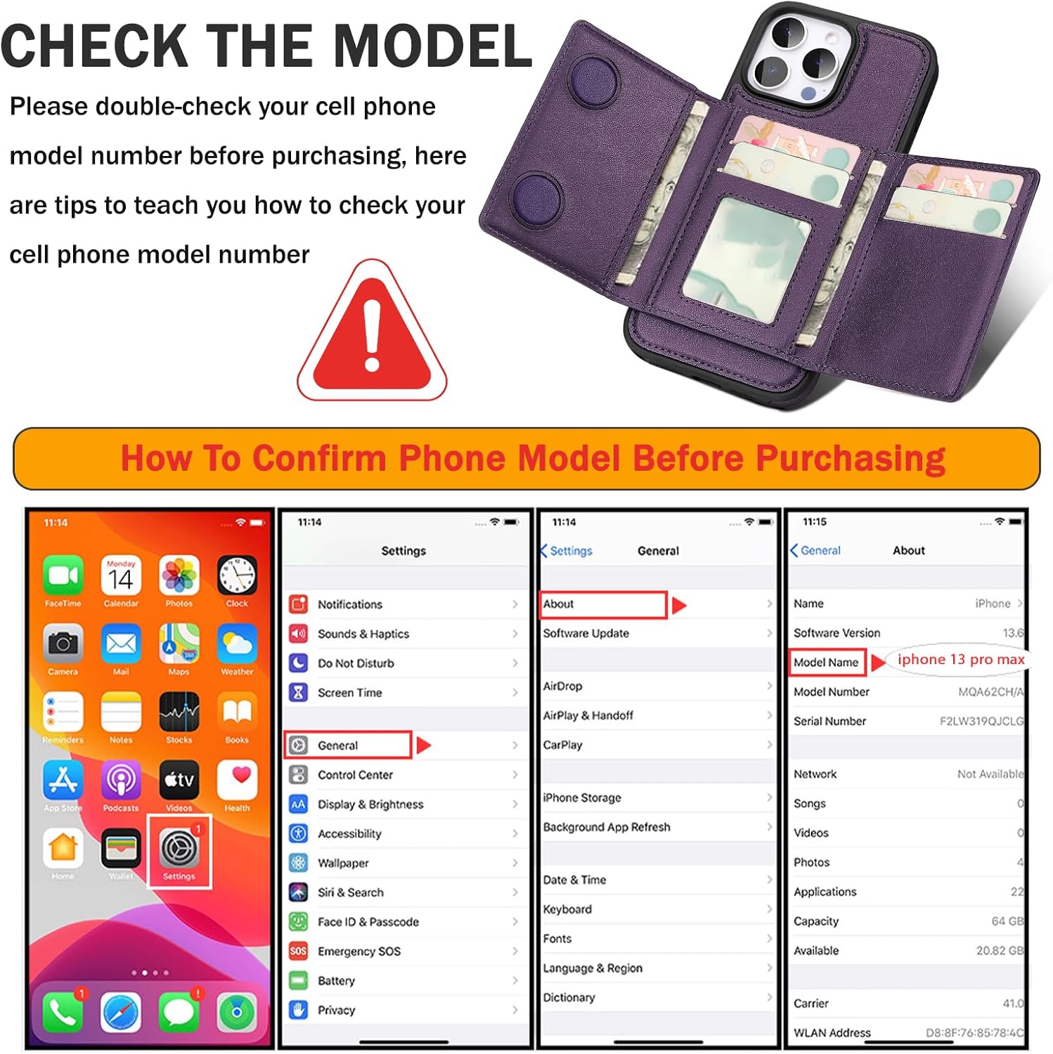 for iPhone 13 pro max Wallet Case, 2-in-1 Detachable Phone Case, Card Holder RFID Blocking, Fashionable Faux Leather Card Slot & Folding Design (Purple 6.7'')