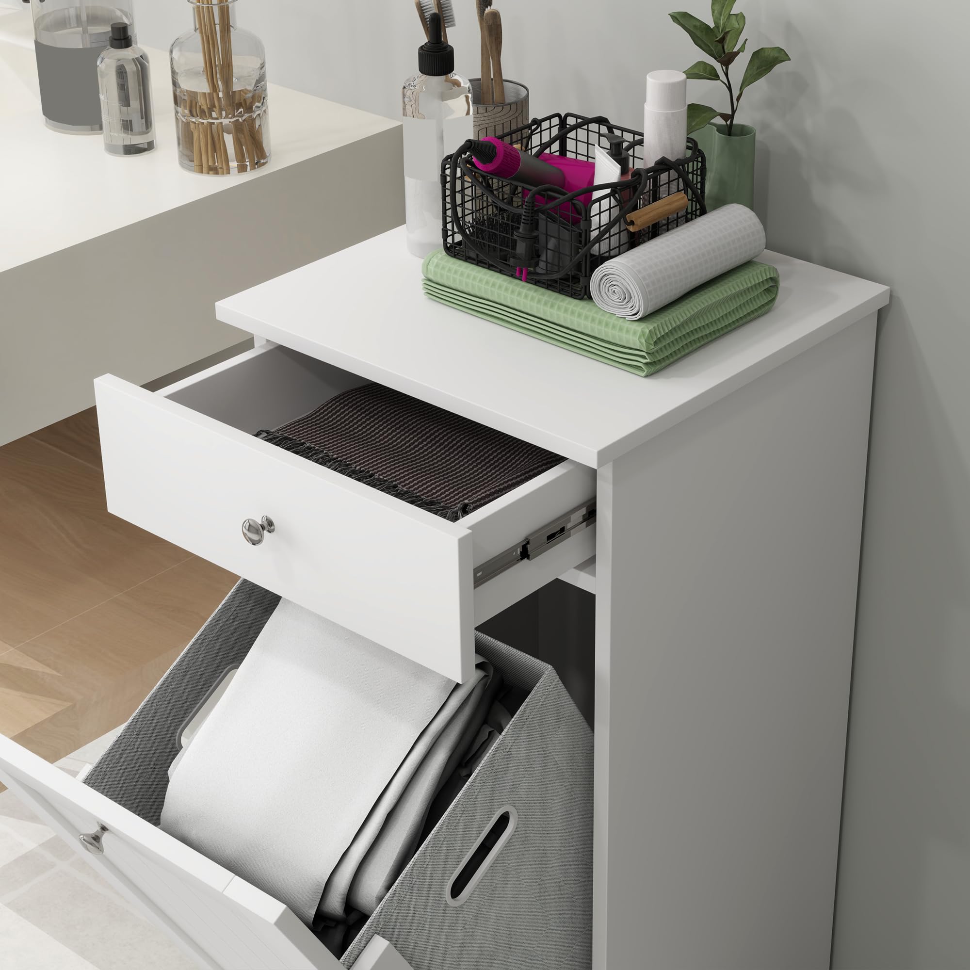 HOMCOM Armario de Baño con Cesto Ropa Sucia Abatible, Mueble Ropa Sucia con Bolsa de Tela Plegable y Cajón, Ideal para Lavandería, Blanco, 40x38x90 cm