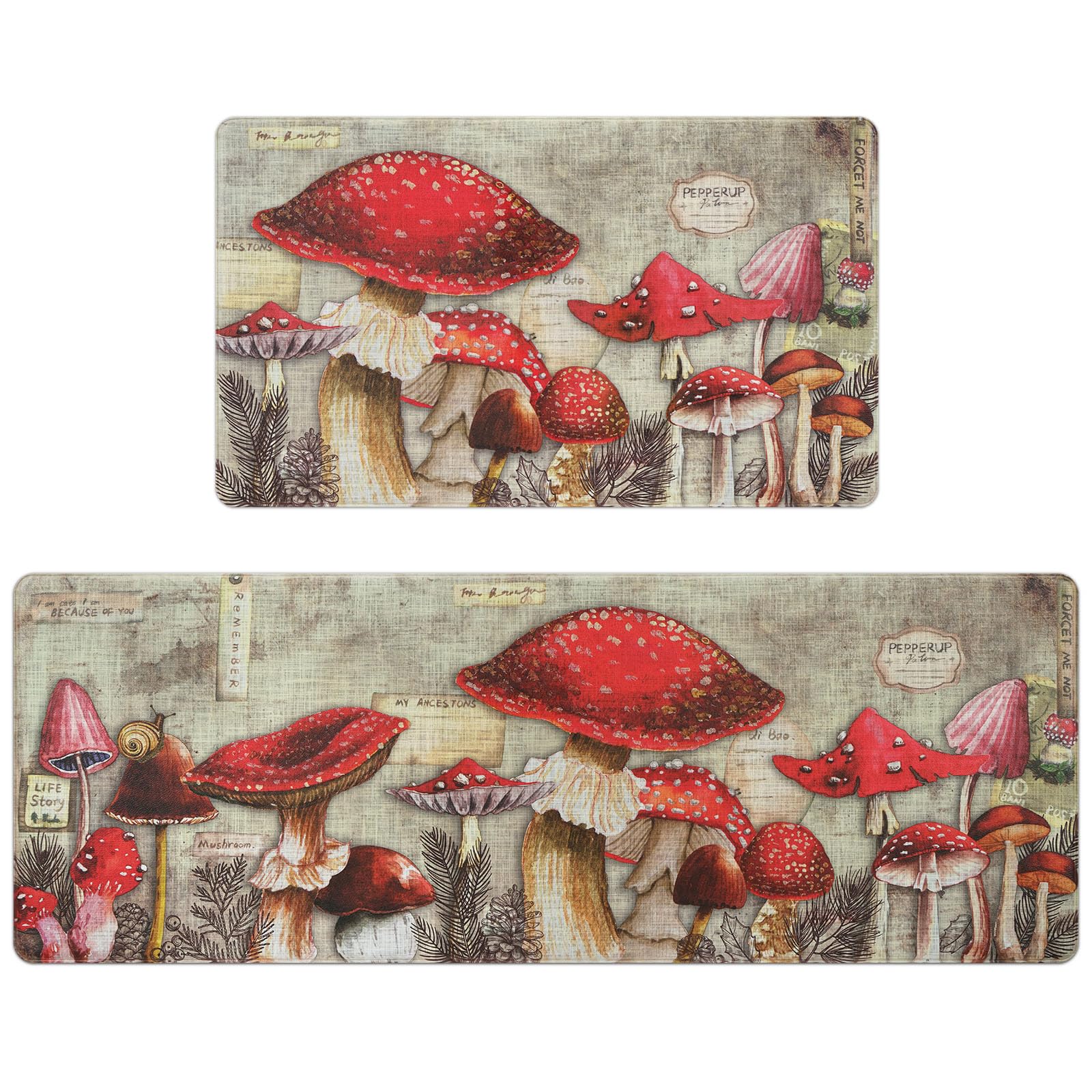 ASPMIZ Mushroom Kitchen Rugs Sets of 2 Non Slip, Farmhouse Kitchen Floor Mats Cushioned Anti Fatigue, Waterproof Kitchen Mats for in Front of Sink, Red Mushroom Kitchen Decor, 18'' x 48''+18'' x 30''