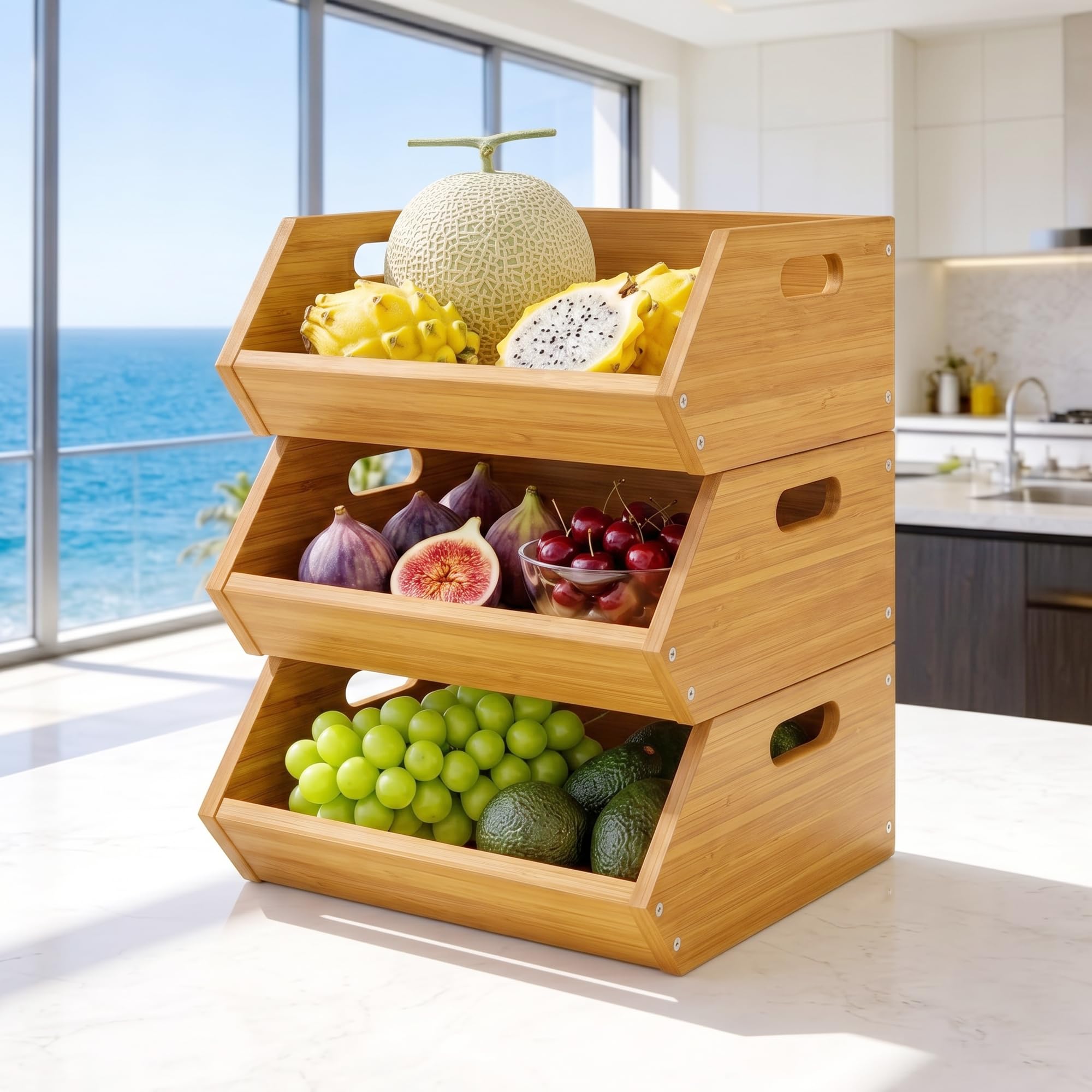 ADEL DREAM Panier à Fruits en Bambou à 3 Niveaux, Paniers Amovibles | 3 paniers séparés ou empilés, parfaits pour fruits, légumes, pain, snacks et objets du quotidien