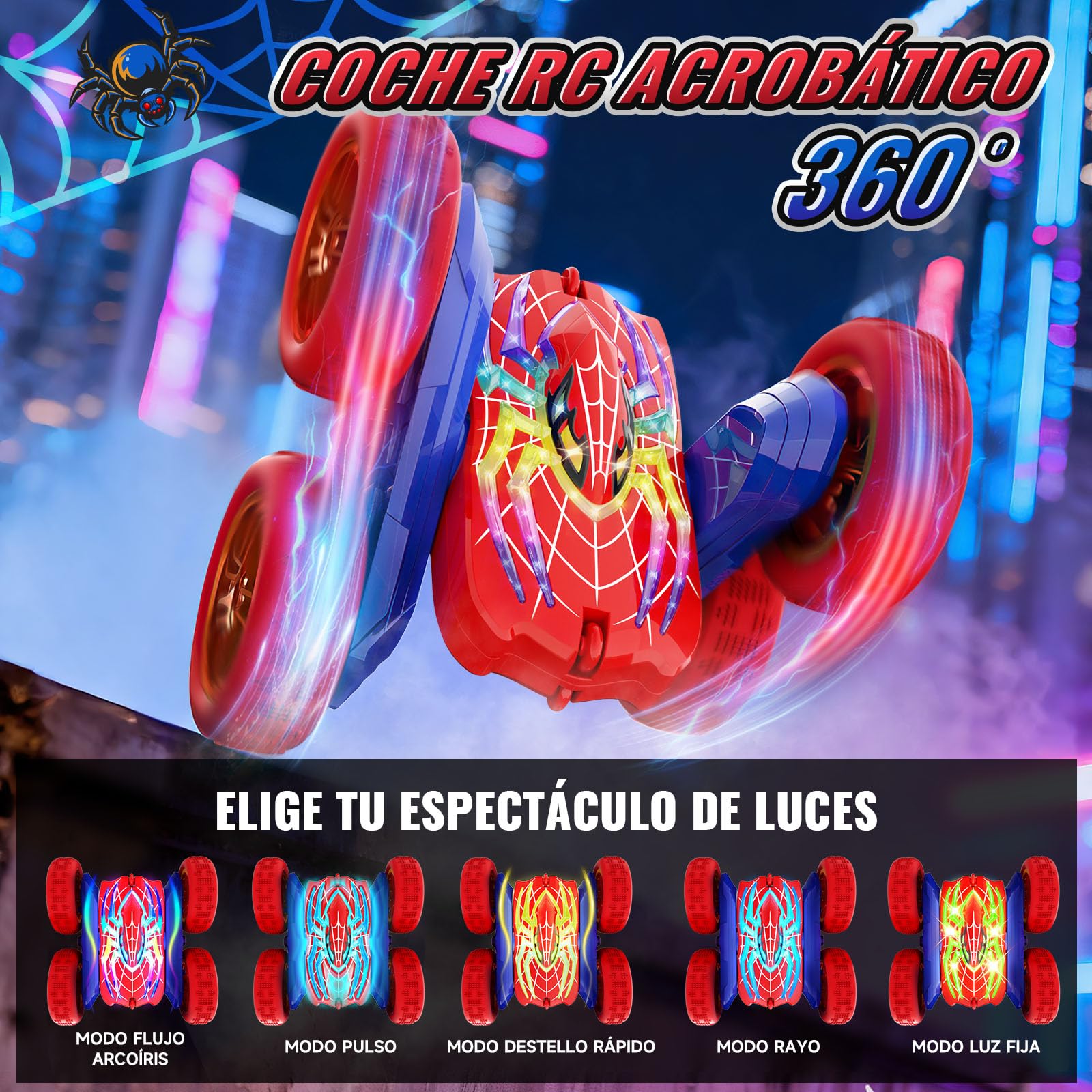 Coche Teledirigido 3-12 Niños, 2.4Ghz 4WD Coche AcrobáTico RC Monster Truck Camiones 360 Grados De RotacióN, 5 Efectos de Luz, Juguetes Niños 4 5 6 7 8 9 10 11 12 Años Regalo Cumpleaños/Navidad