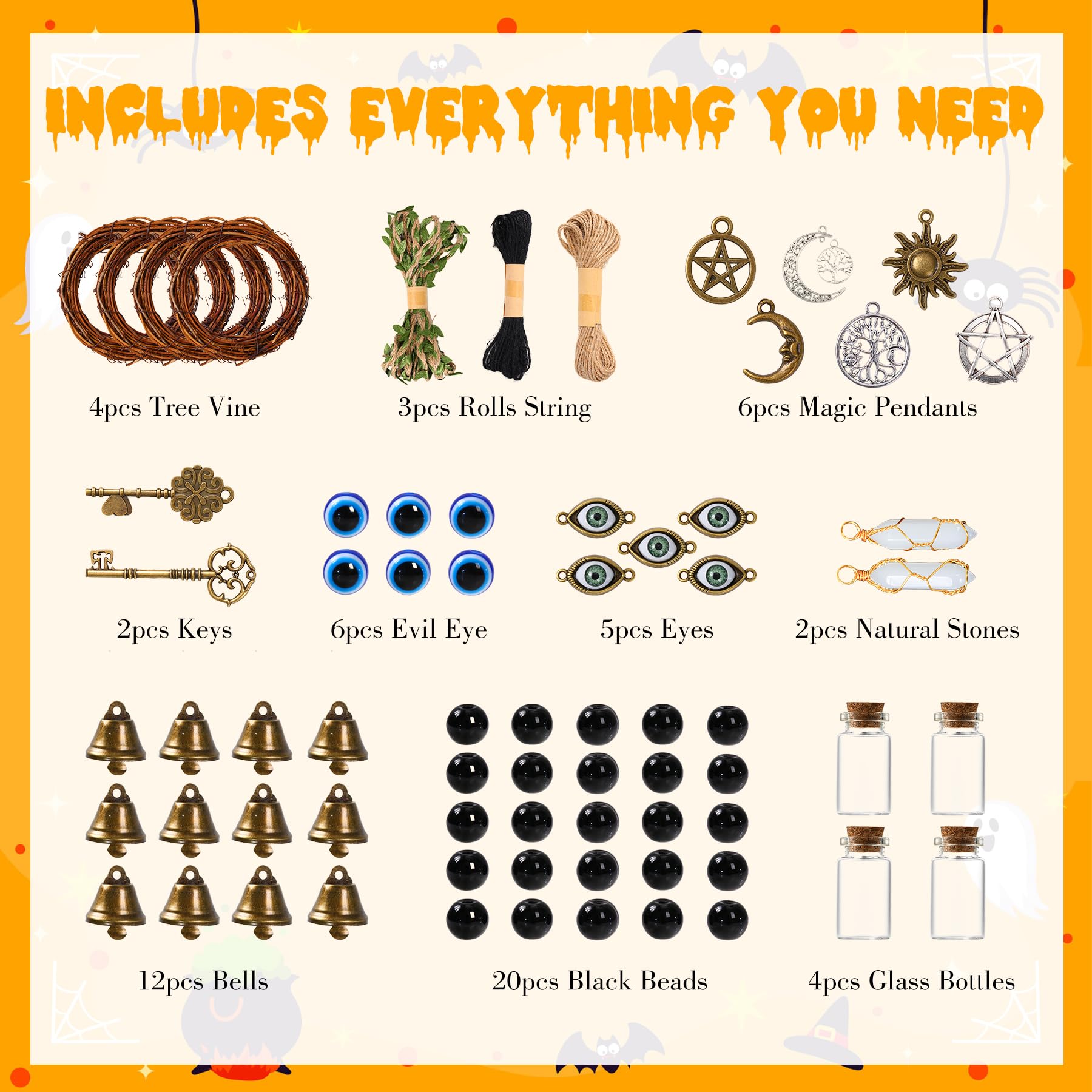 SANDOO 64pcs Witch Bells and Evil Eye for Protection DIY Kit - Witchcraft Supplies,Witches Bells for Door Knob, Windchimes Kit,Evil Eye Door Hanger for Home Bedroom Garden Halloween Decor, Witch Gifts