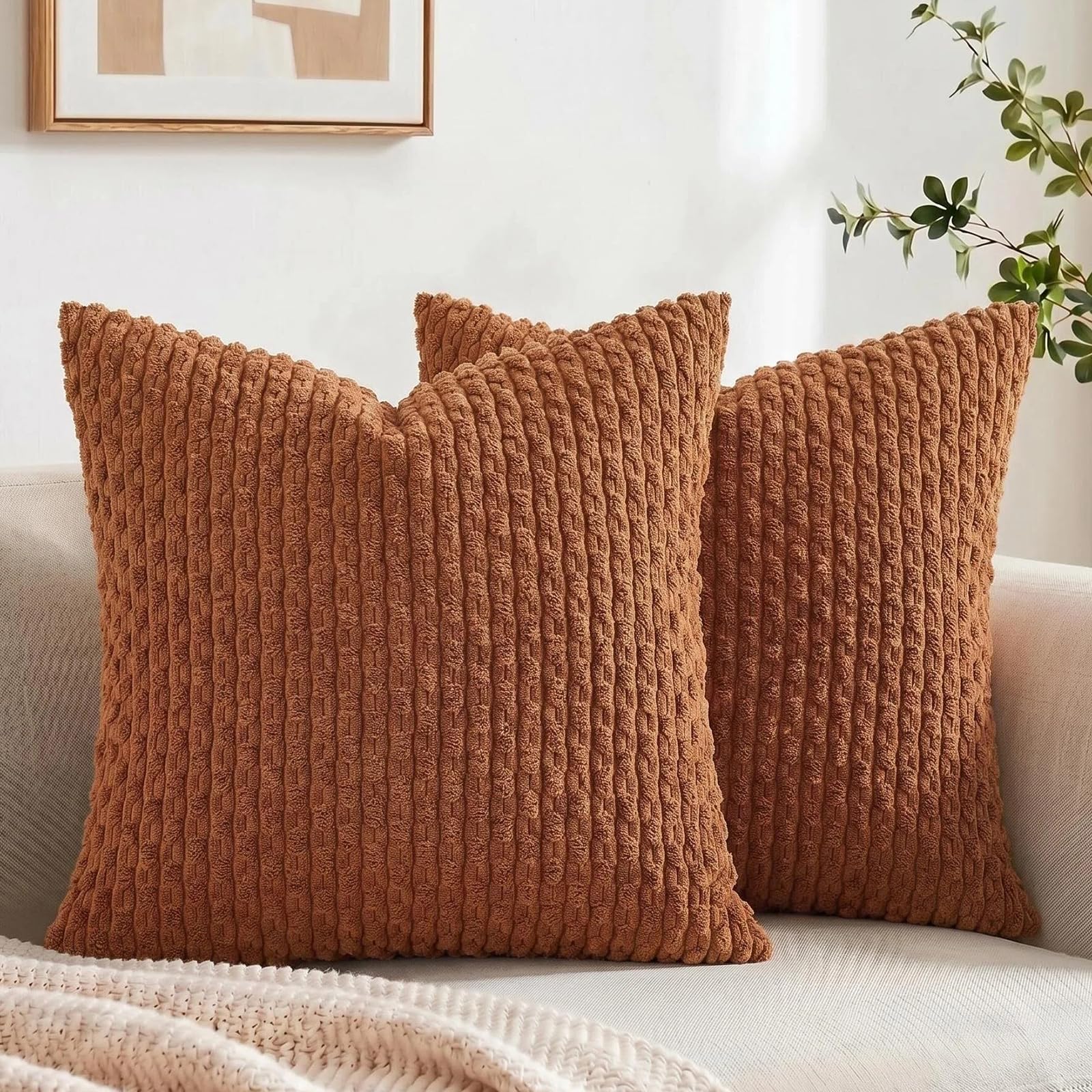 Fancy Homi 2 Packs Rust Decorative Throw Pillow Covers 18x18 Inch for Couch Bed Sofa, Modern Farmhouse Boho Home Decor, Soft Cute Plush Corduroy Cushion Case 45x45 CM