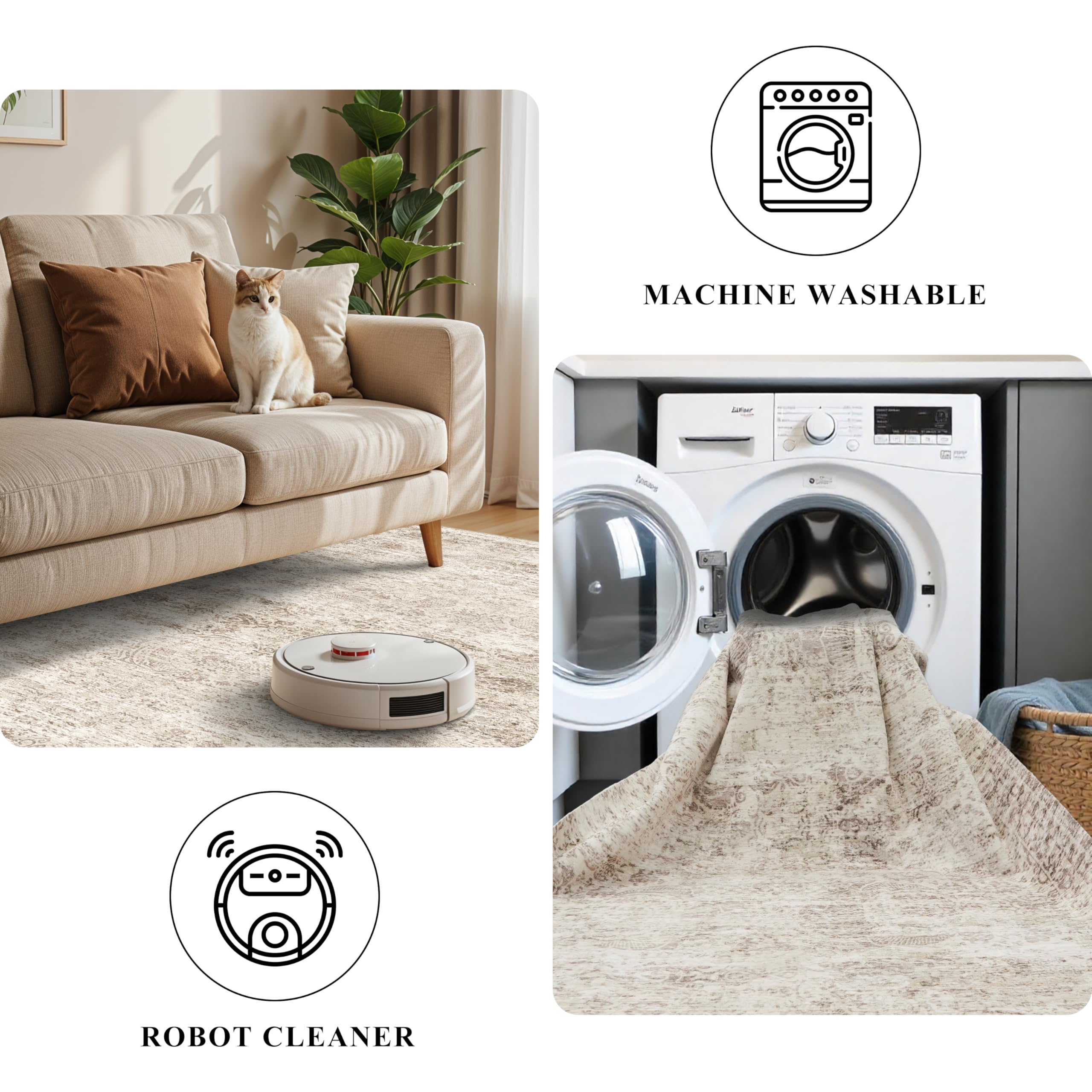 Washable Oriental Area Rug - 9x12 Rugs for Living Room Soft Carpet for Bedroom Waterproof Floral Distressed Indoor Stain Resistant Non-Shedding Floor Carpets (Beige, 9x12)