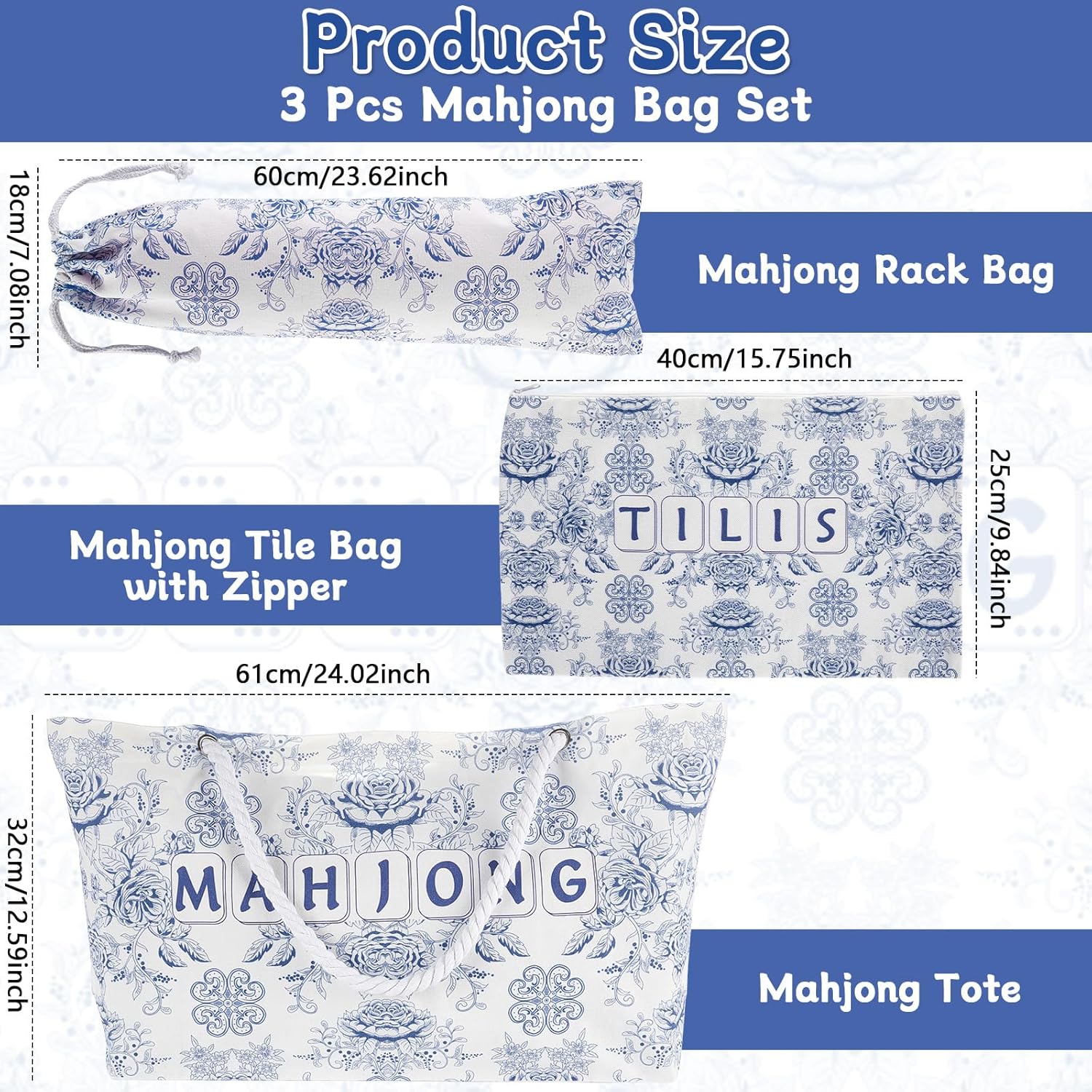 3 Pcs Empty Mahjong Bag Set for Tiles and Racks American Mahjong Case Travel Bag Tote Carrying Bags Cute Mah Jong Accessories Mahj Rack Storage Bags Carrying Case(Elegant)