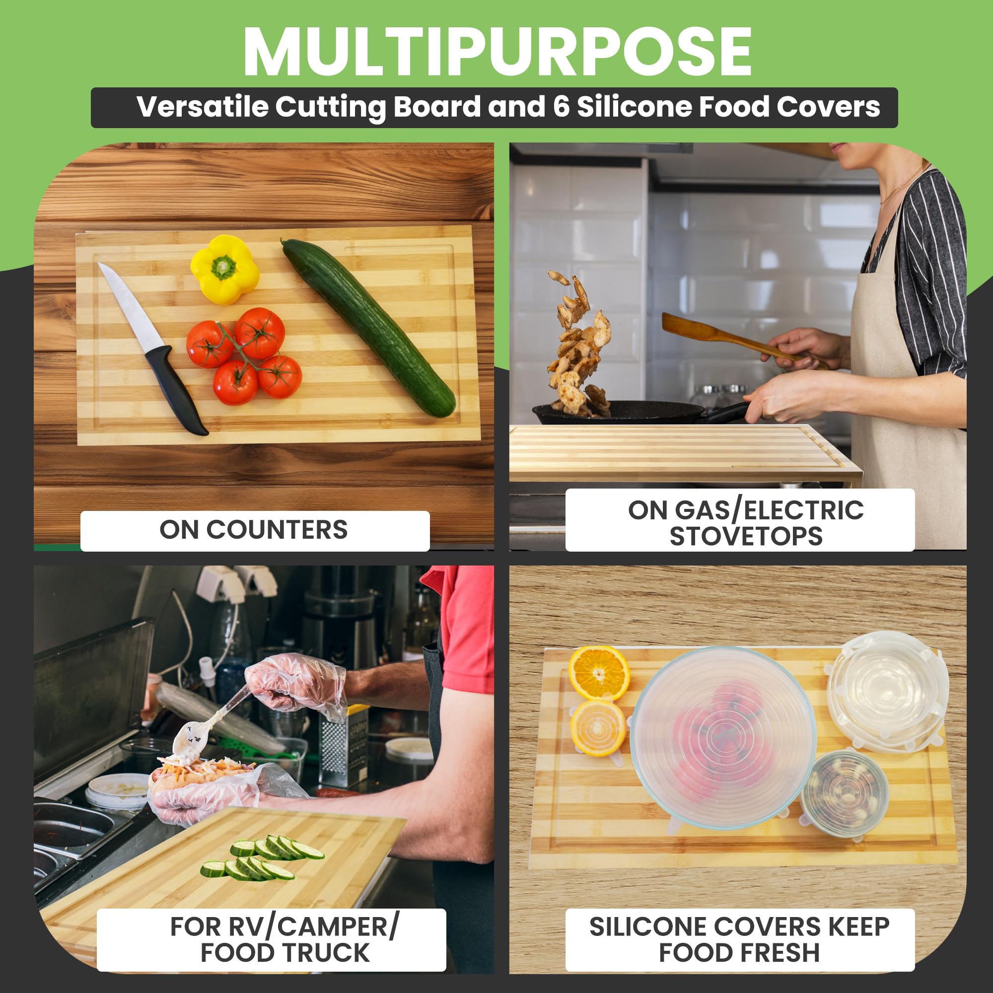 Ceaz Tabla de cortar de bambú con patas ajustables, bloque de carnicero de corte de madera y cubierta de estufa para cocina y caravana, completa con cubiertas de silicona para alimentos