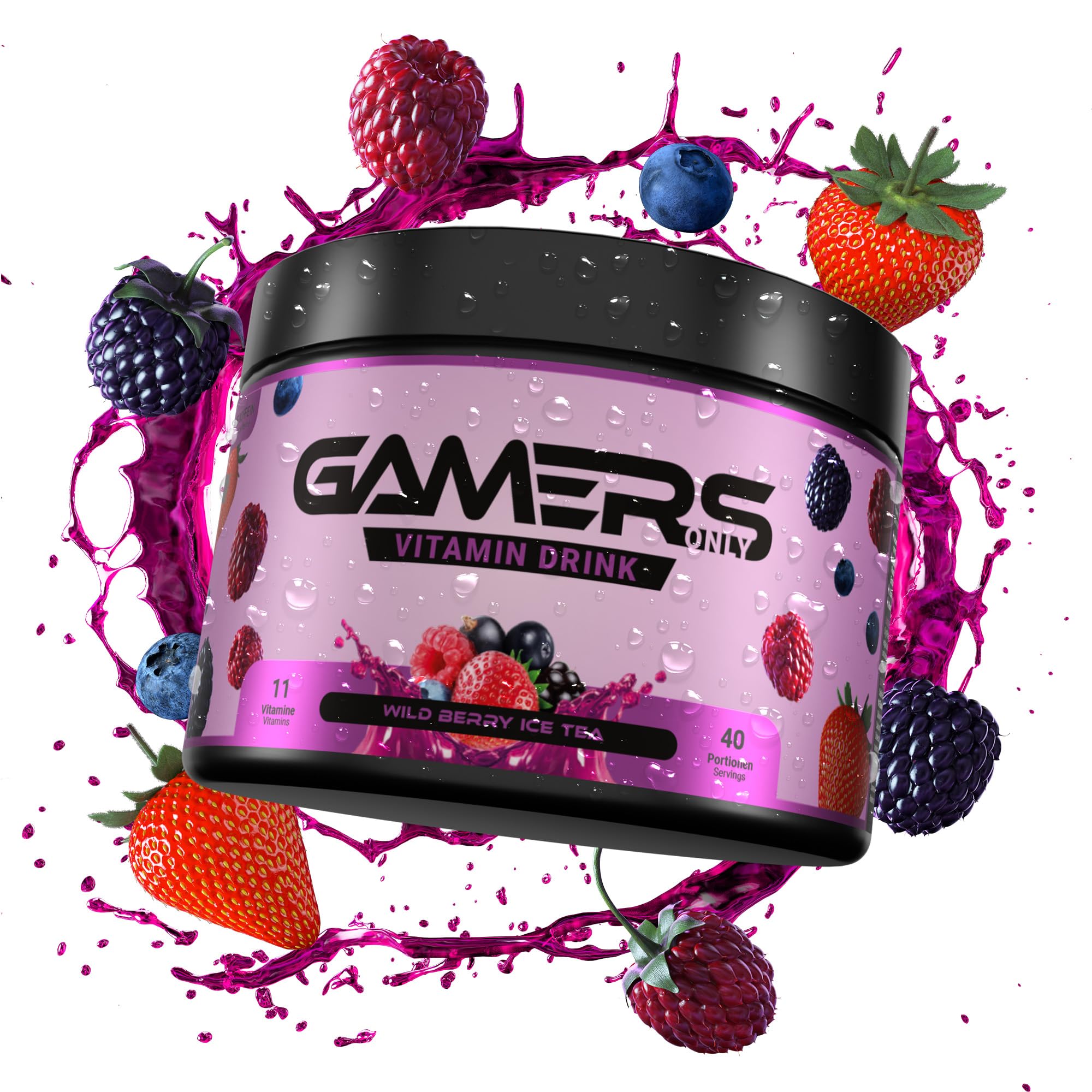 Gamers Only Vitamin Pulver Wild Berry [Zero Zucker] 40 Portionen | Multivitamin Pulver | 12 Vitamine & Aminosäuren | Vitamin B6, B12 & C, D,E pro Portion
