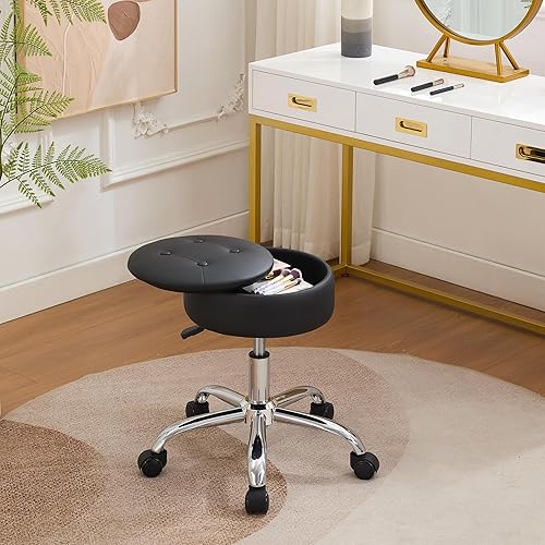 Miniatura 2 de Taburete giratorio otomano con almacenamiento para maquillaje, taburete para tocador con ruedas, altura ajustable, piel sintética, color negro