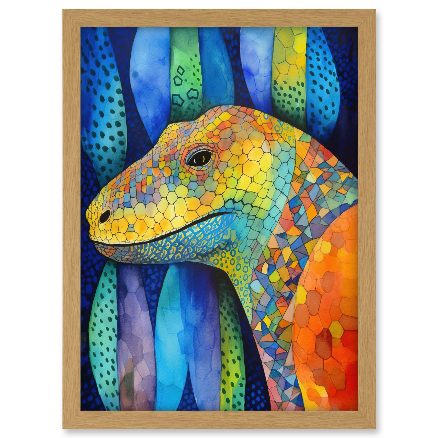 Artery8 Komodo Dragon Vibrant Folk Art Watercolour Painting Artwork Framed A3 Wall Art Print