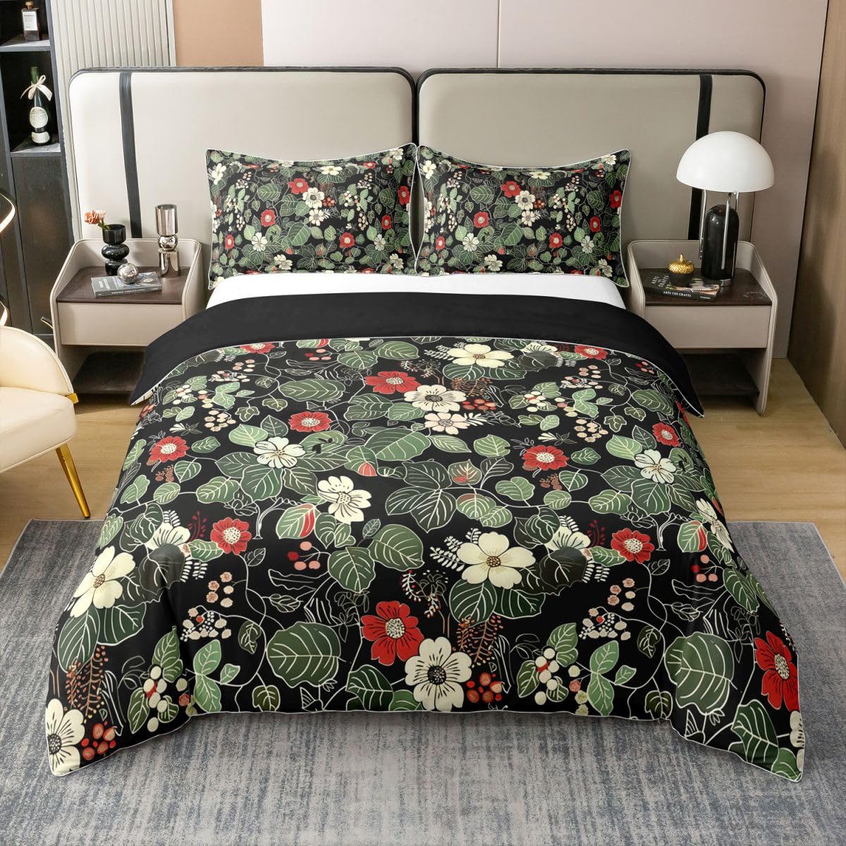 Homewish Set di biancheria da letto con copripiumino matrimoniale in cotone naturale con fiori verdi e neri, romantico, per ragazze e donne, adulti, caldo e morbido