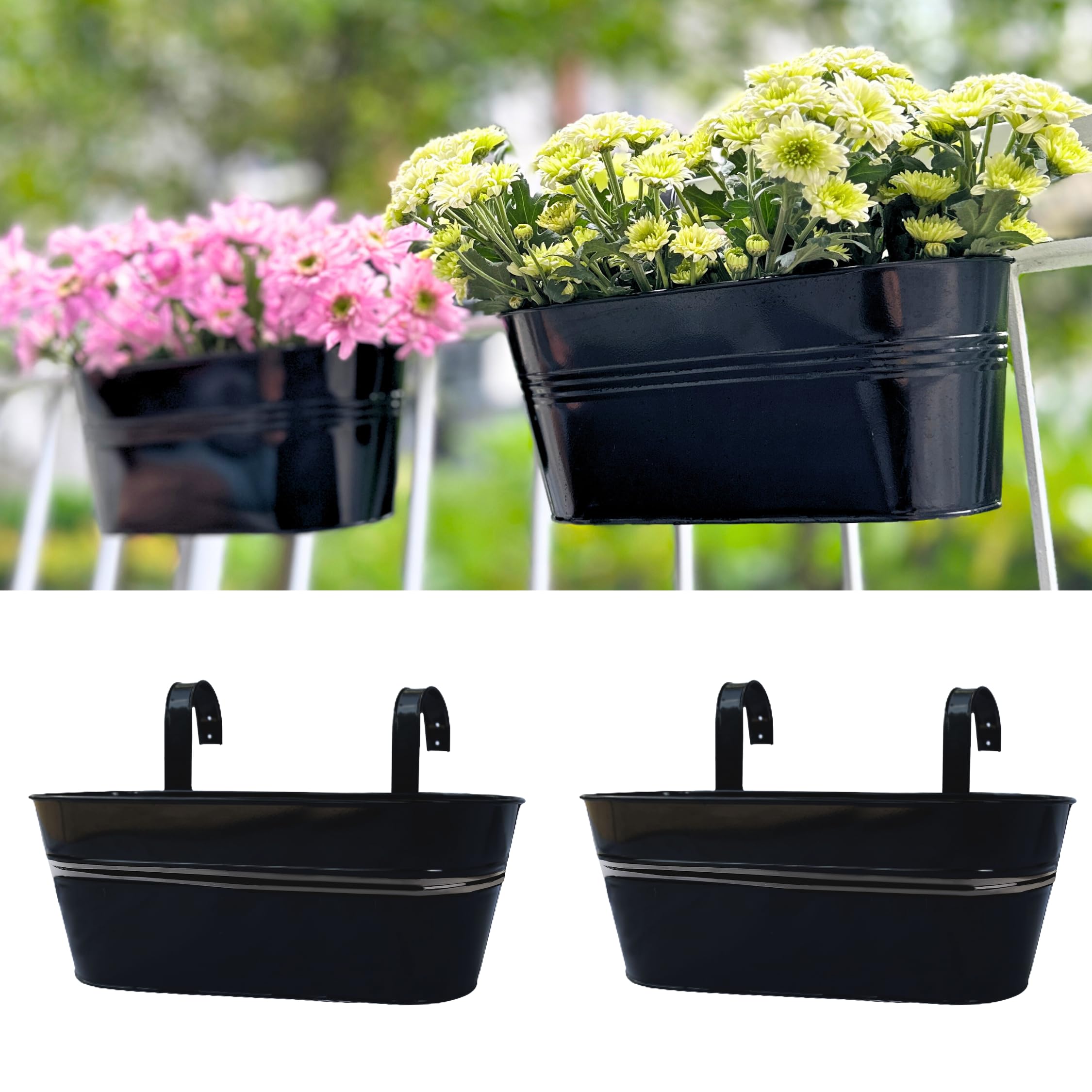 LaLaGreen Deck Railing Planter Box (17 Inch, 2 Pack) Large Black Metal Window Flower Boxes Outdoor, Wall Hanging Planters Plant Holder Hooks Fence Rail Bucket Modern Countryside Boho Style Patio Porch