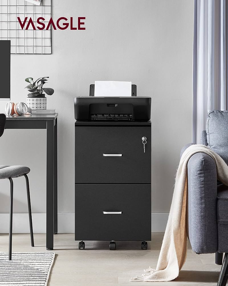 VASAGLE Lockable File Cabinet, Filing Pedestal With 2 Drawers, 5 Wheels