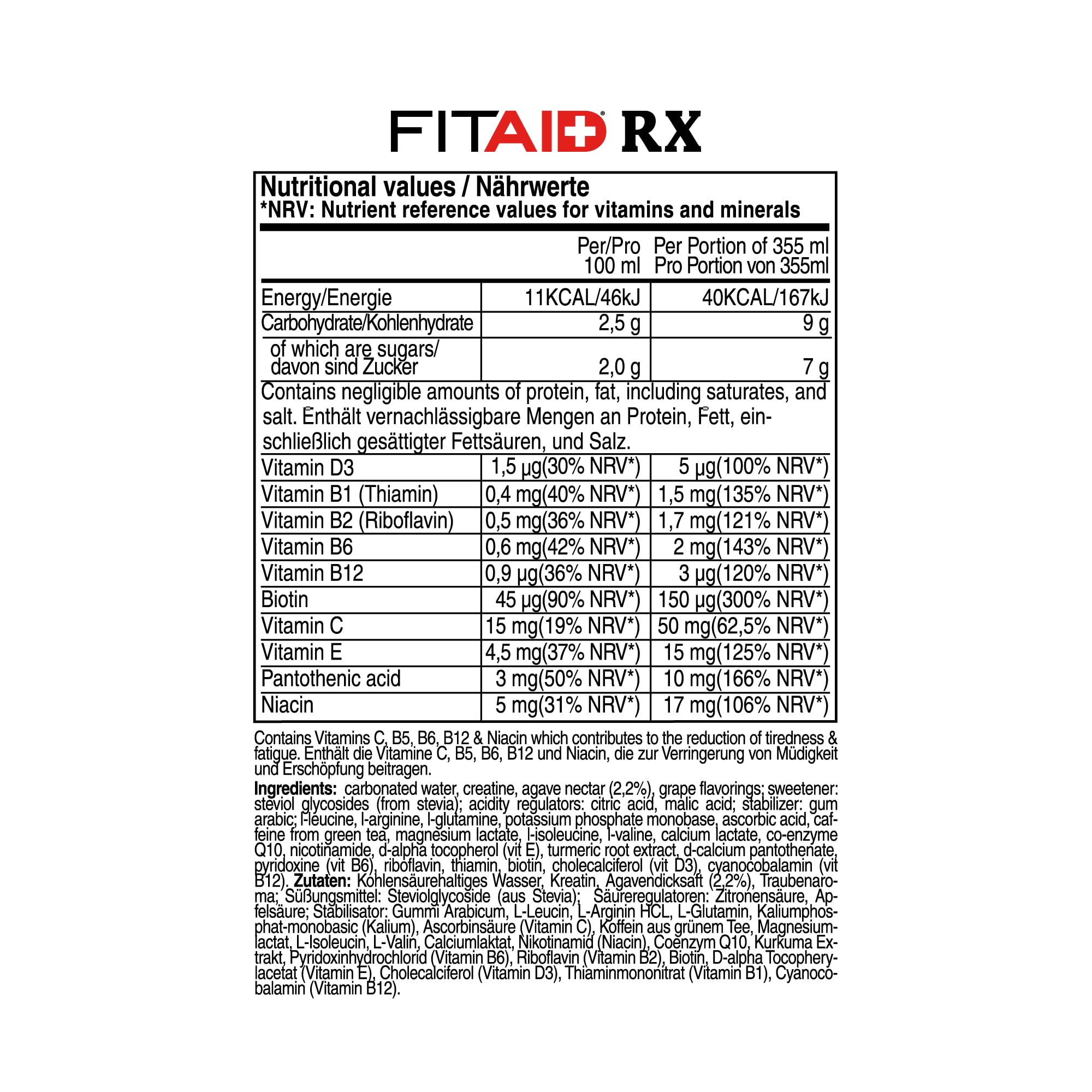 FITAID RX Sour Grape Clean Creatin Monohydrat Recovery Sport Drink 24x355ml | Regenerationsgetränk & Hydration Helper mit BCAA, Elektrolyten, Kurkuma, Vitaminen, CoQ10 und Stevia für Sport und Alltag