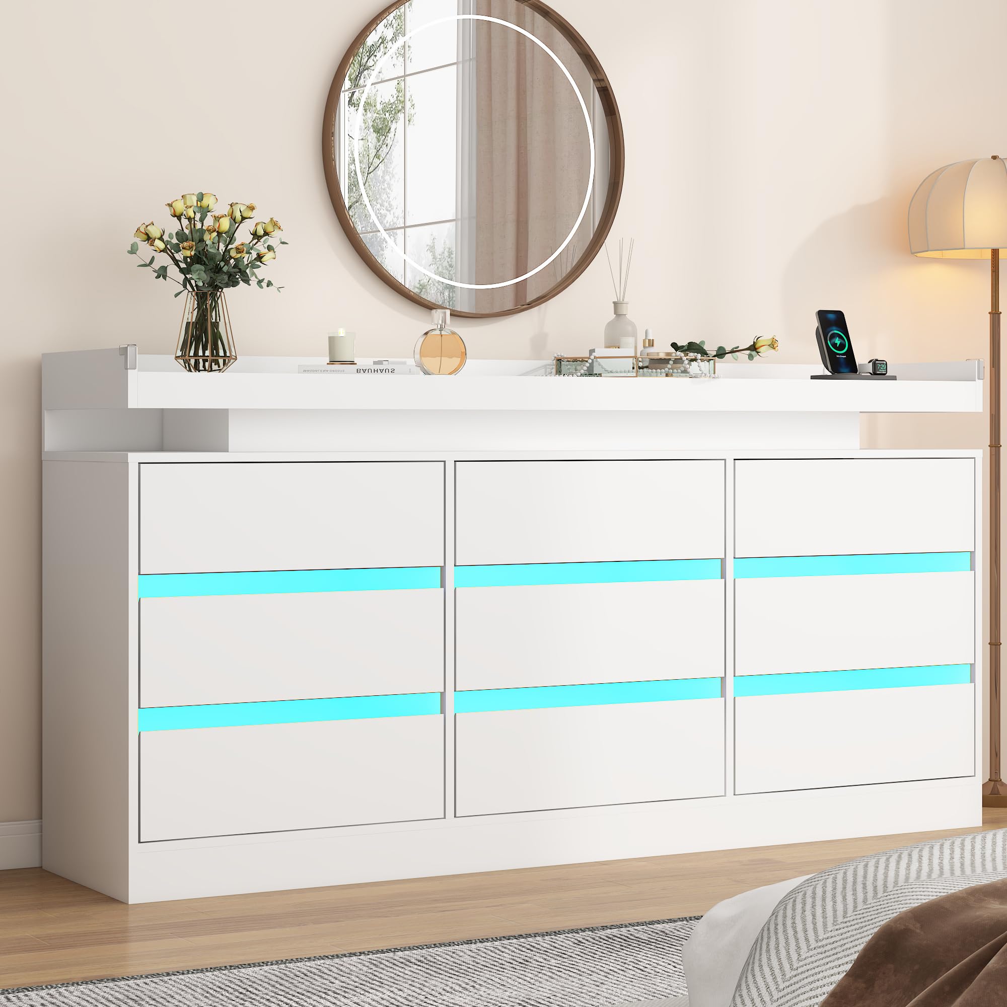 9 drawer dresser with power outlet & led light, modern chest of drawers for closet modern large dresser organizer cabinet for bedroom, living room, white