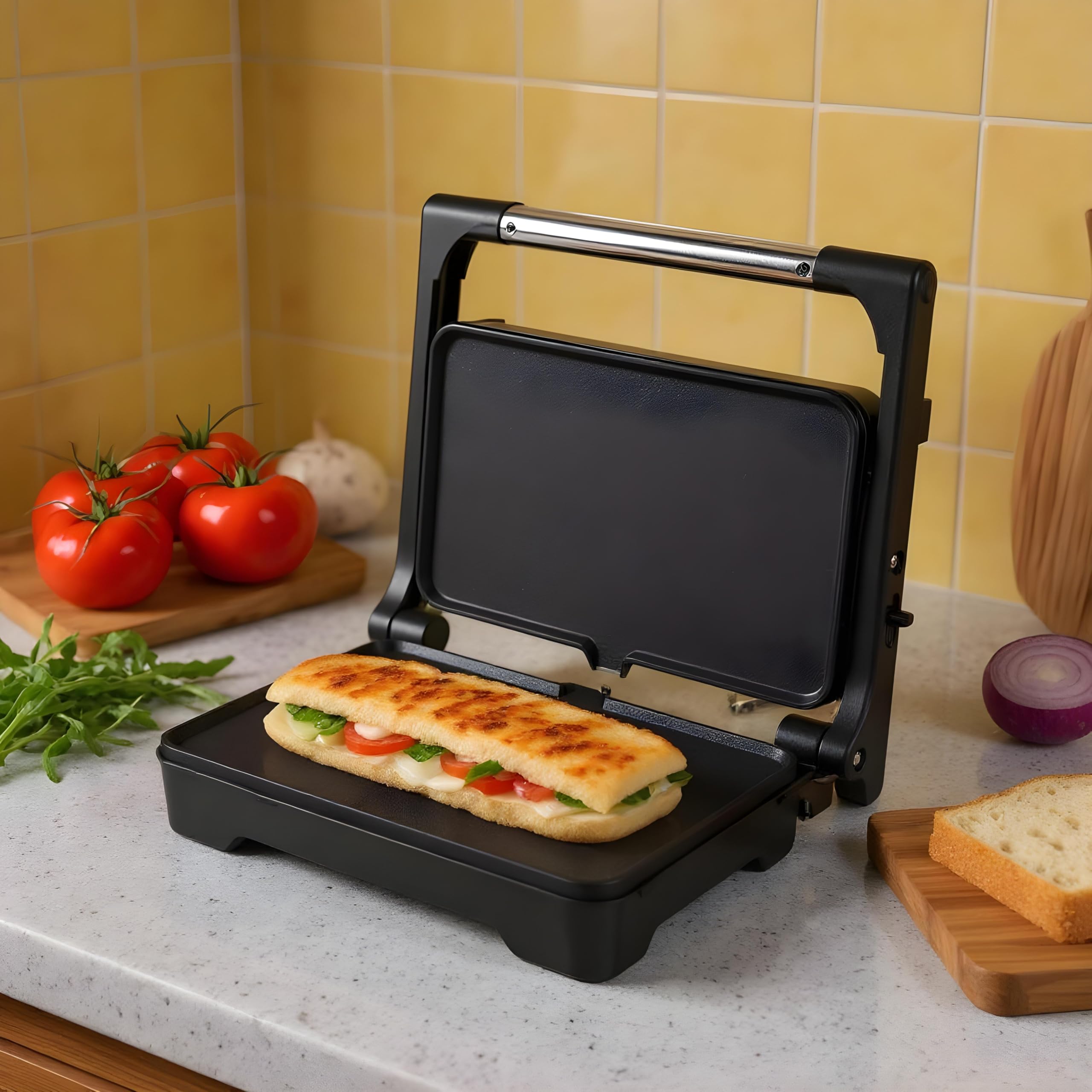 JATA JEGR1183 - Grill de asar doble 1500 W | Parrilla eléctrica con apertura 180° y tapa basculante | Termostato regulable | Placas lisas antiadherentes 26 x 16,5 cm libres de PFOA | Cocina sana