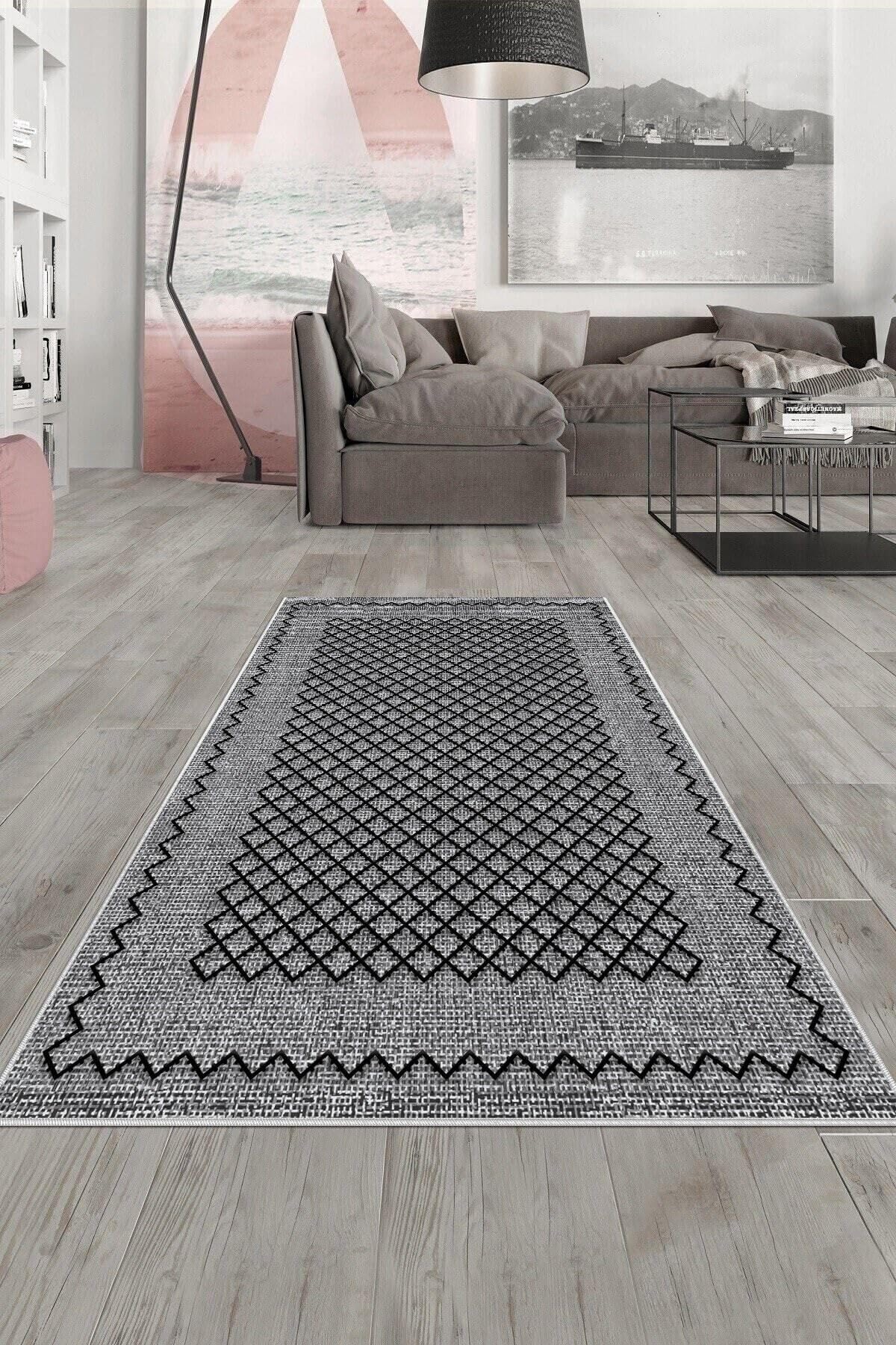 Pelangi Gri Kenar Işleme Yıkanabilir Kaymaz Taban Leke Tutmaz Modern Salon Halısı Ve Yolluk, Koyu Gri-Siyah 120 x 180, 135809212018005