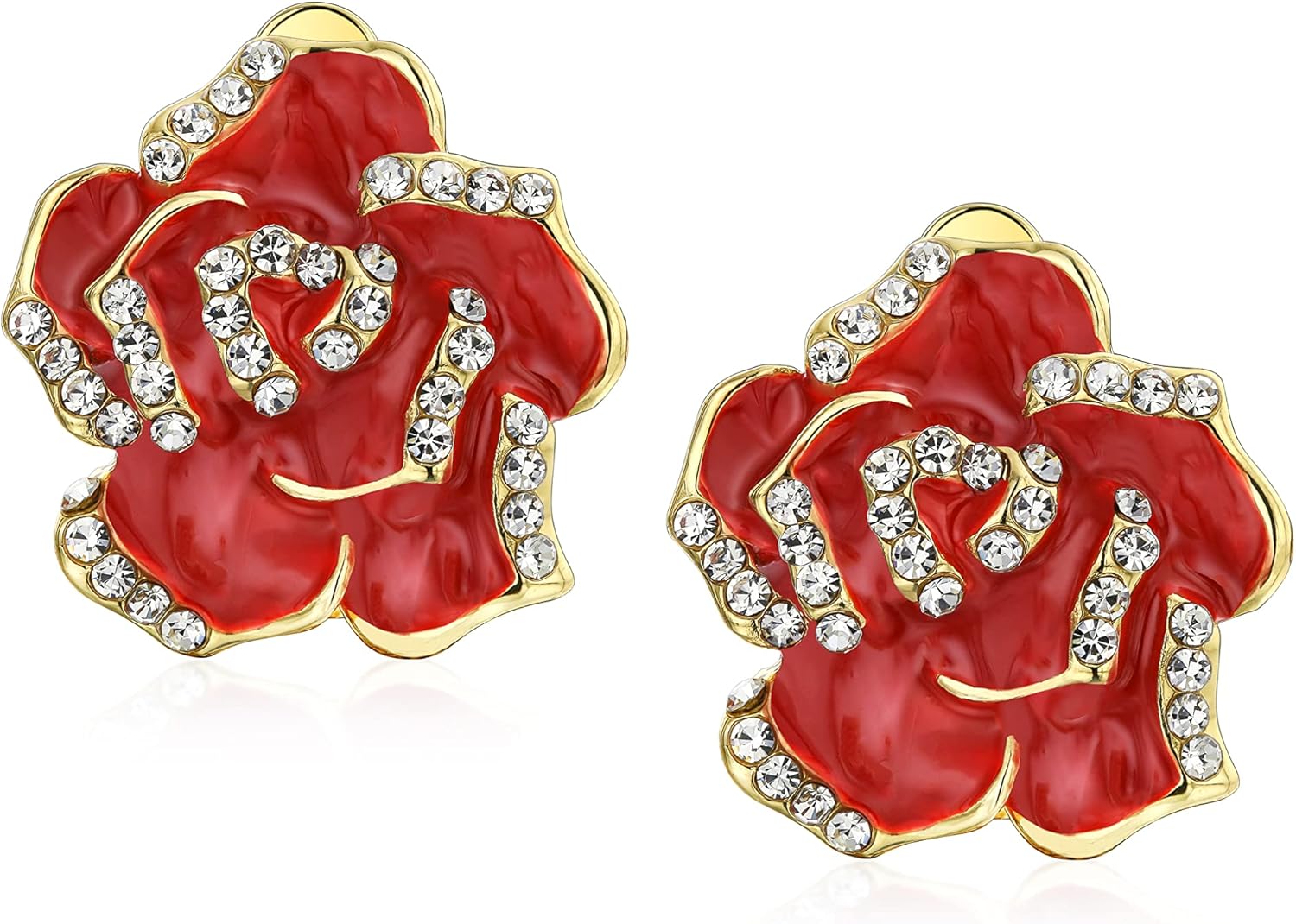 Pink Red Enamel Flower Crystal Edge Spring Retro Floral Rose Clip On Earrings For Women Non Pierced Ears 14K Gold Plated - Image 2