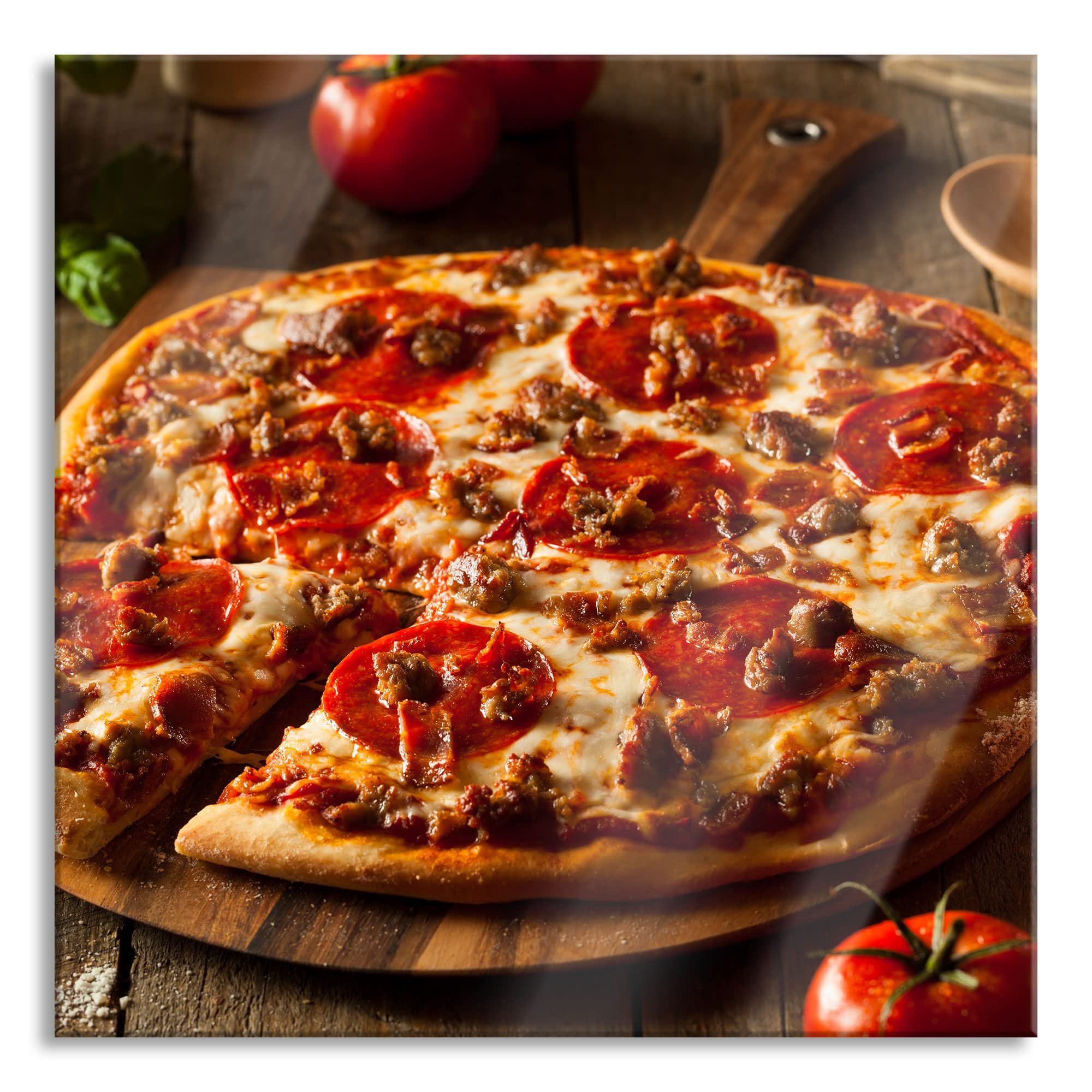 Pixxprint Glasbild, Wandbild auf Echtglas, Pizza mit Salami und Tomaten, 80x80 cm, inkl. Aufhängung und Abstandshalter