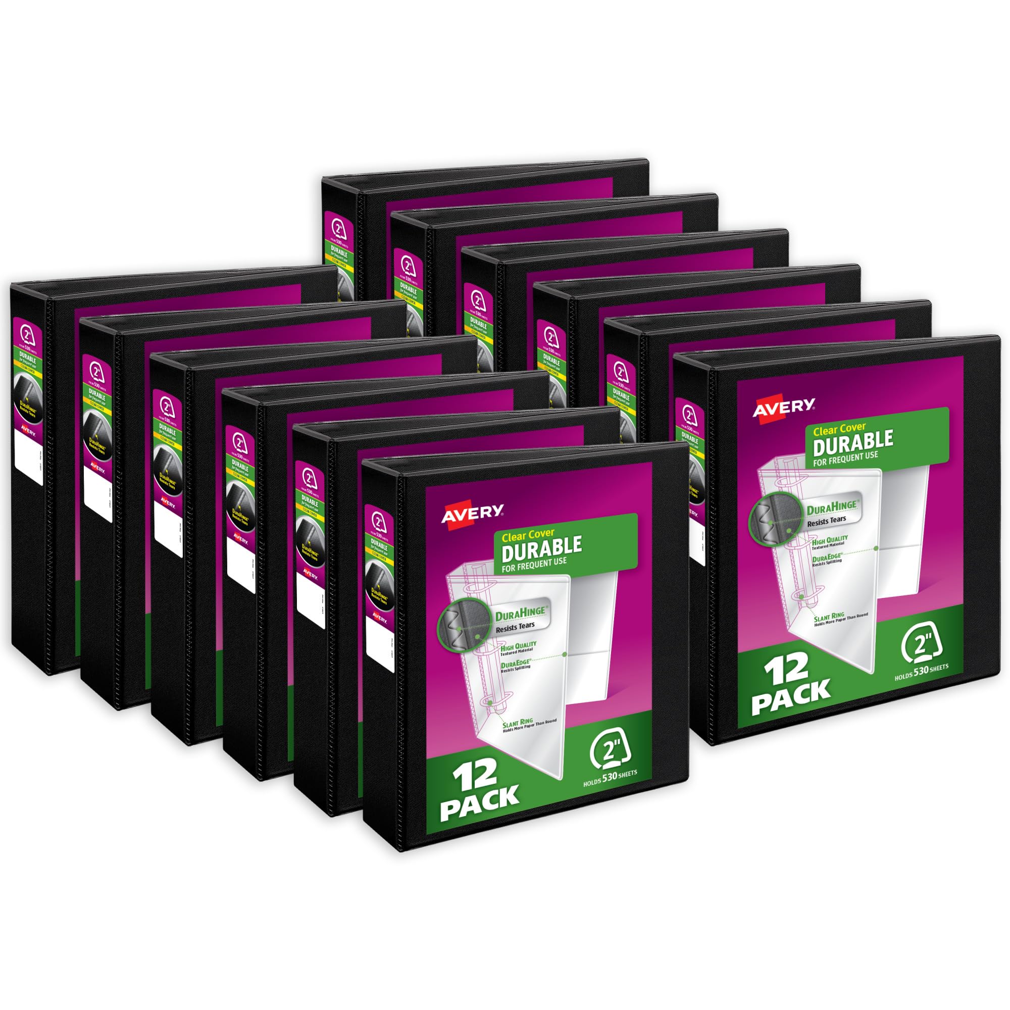 Avery® Durable View 3 Ring Binders, 2" Ring, 12 Black Binders