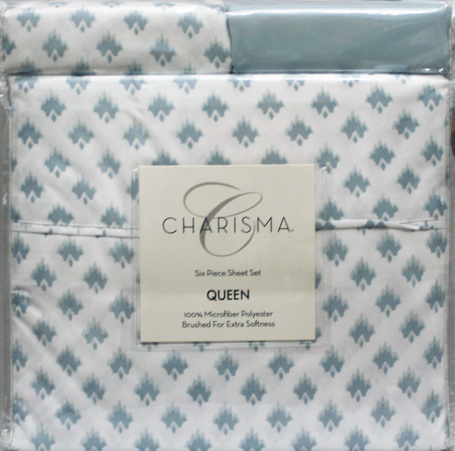 Charisma Microfiber Queen Sheet Set, Ikat Geo (Light Blue)